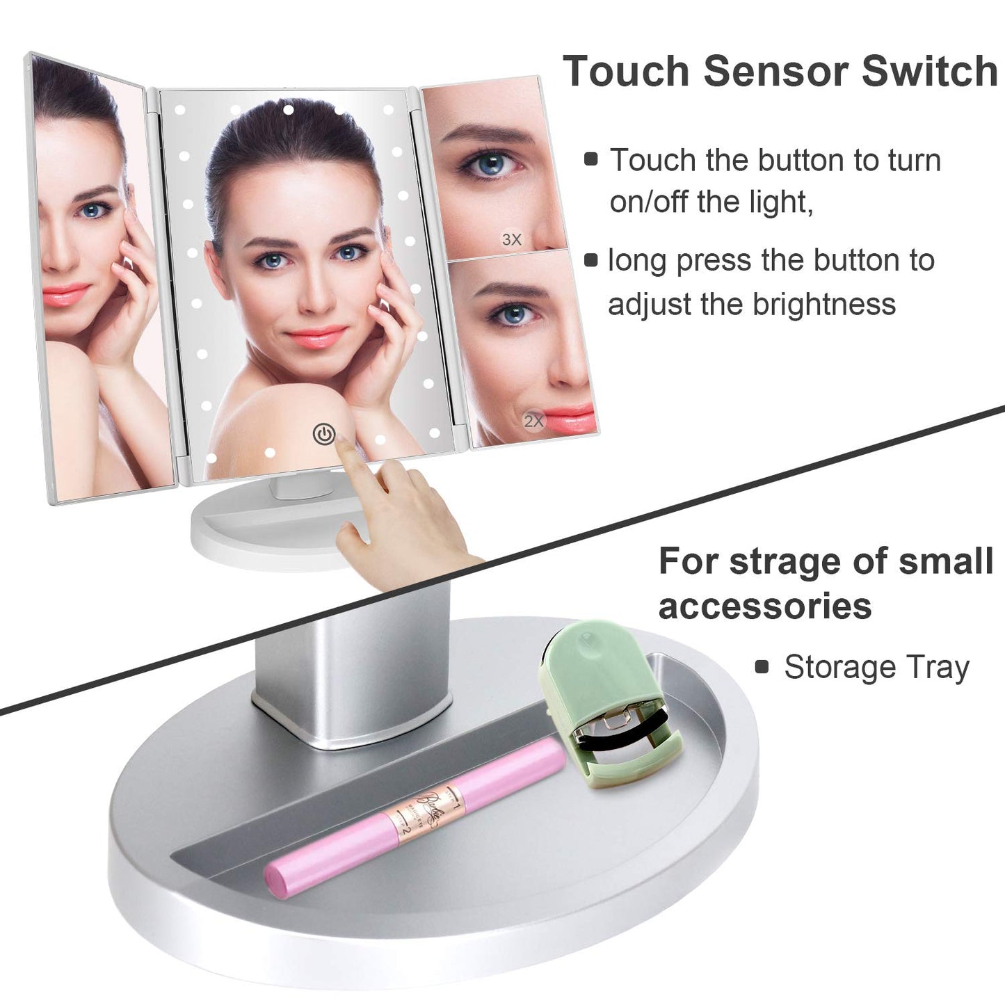 deweisn Tri-Fold Lighted Vanity Tabletop Mount Mirror with 21 LED Lights, Touch Screen and 3X/2X/1X Magnification, Two Power Supply Modes Make Up Mirror,Travel Mirror 10.83" H x 6.3" W