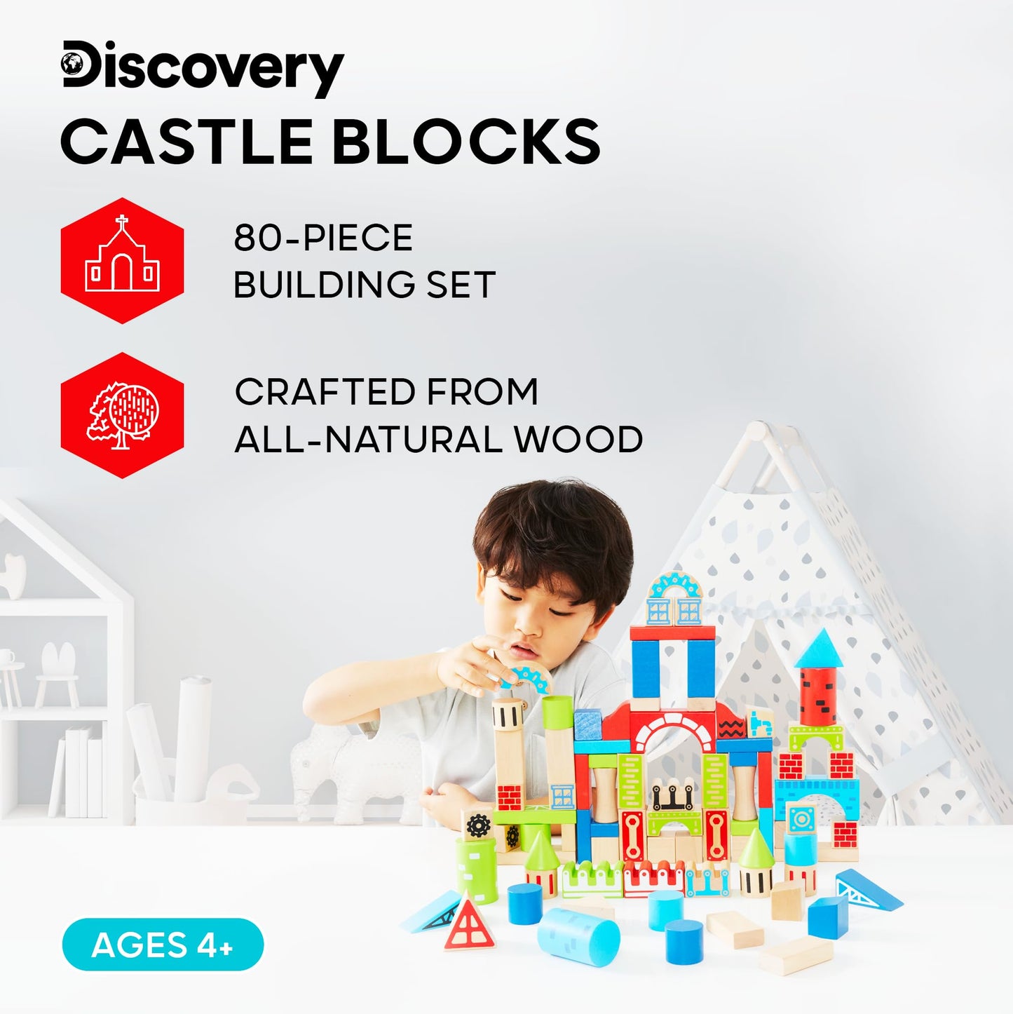 Discovery Kids 80-Piece Wooden Building Blocks Set