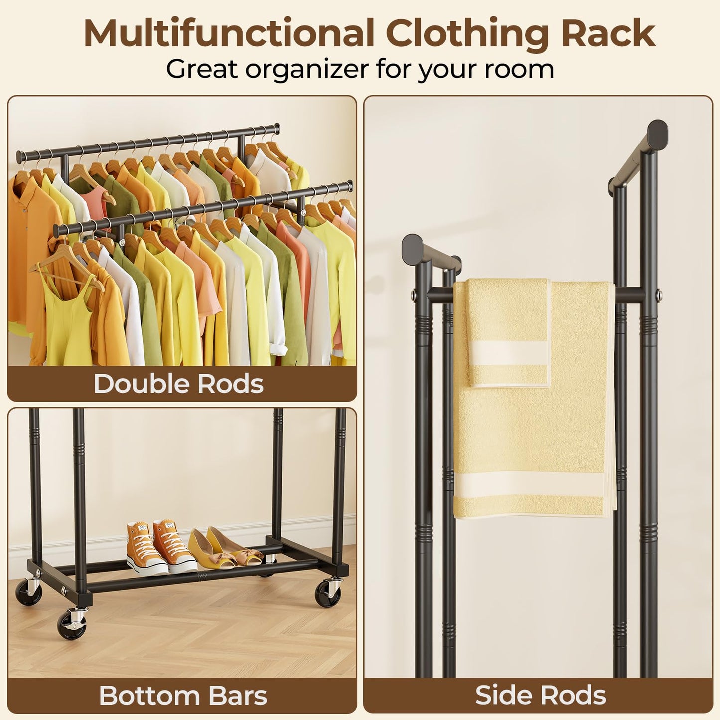 Double Rod Rolling Clothes Rack for Garments