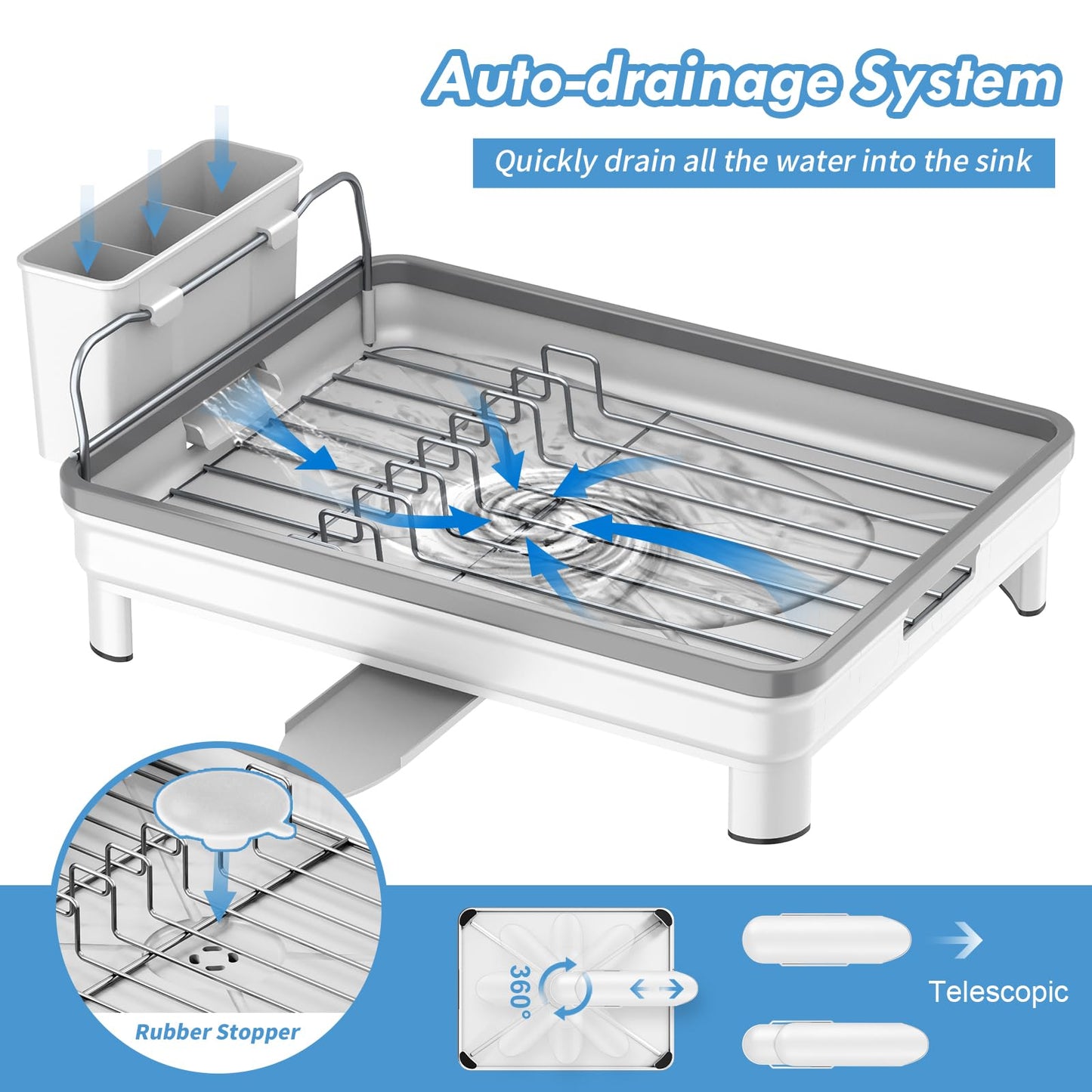 Ewaiira Dish Drying Rack, Dish Racks for Kitchen Counter, Anti-Rust Dish Dryer Rack with 360° Swivel Spout Drainboard Set, Utensil Holder and Cup Holder for Kitchen Countertop (White)