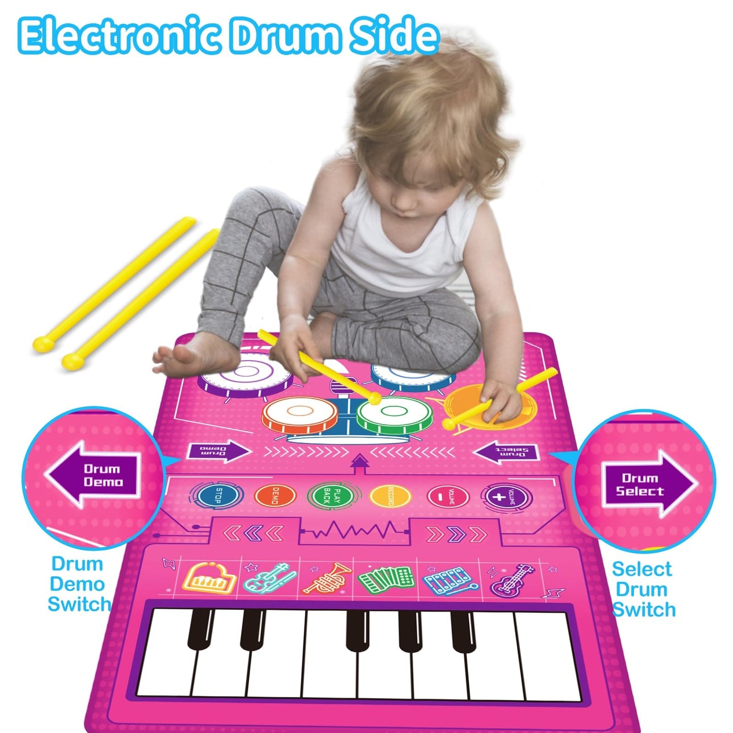 1 2 3 Year Old Girl Birthday Gift Toys, 2 in 1 Musical Toys for Toddlers 1-3 Piano Keyboard & Drum Mat with 2 Drum Sticks Toddler Toys Age 1-2, Baby Toys for 1 Year Old Toys for 2 Year Old Girl
