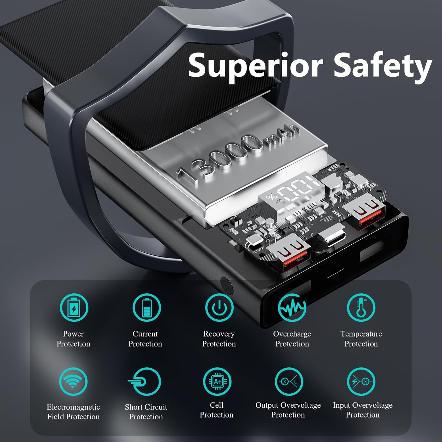Portable 13000mAh Power Bank with Built-in Cables