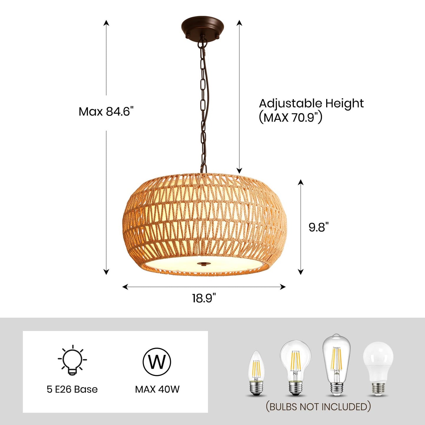 7PMBEANE Rattan Chandeliers for Dining Room, 5-Lights Woven Wicker Boho Chandelier Light Fixture with Fabric Shade,Rustic Pendant Light for Kitchen Island Bedroom Living Room