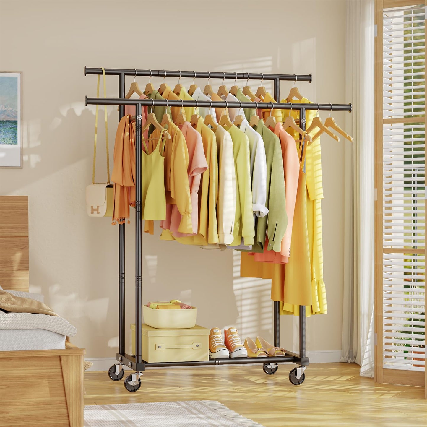 Double Rod Rolling Clothes Rack for Garments