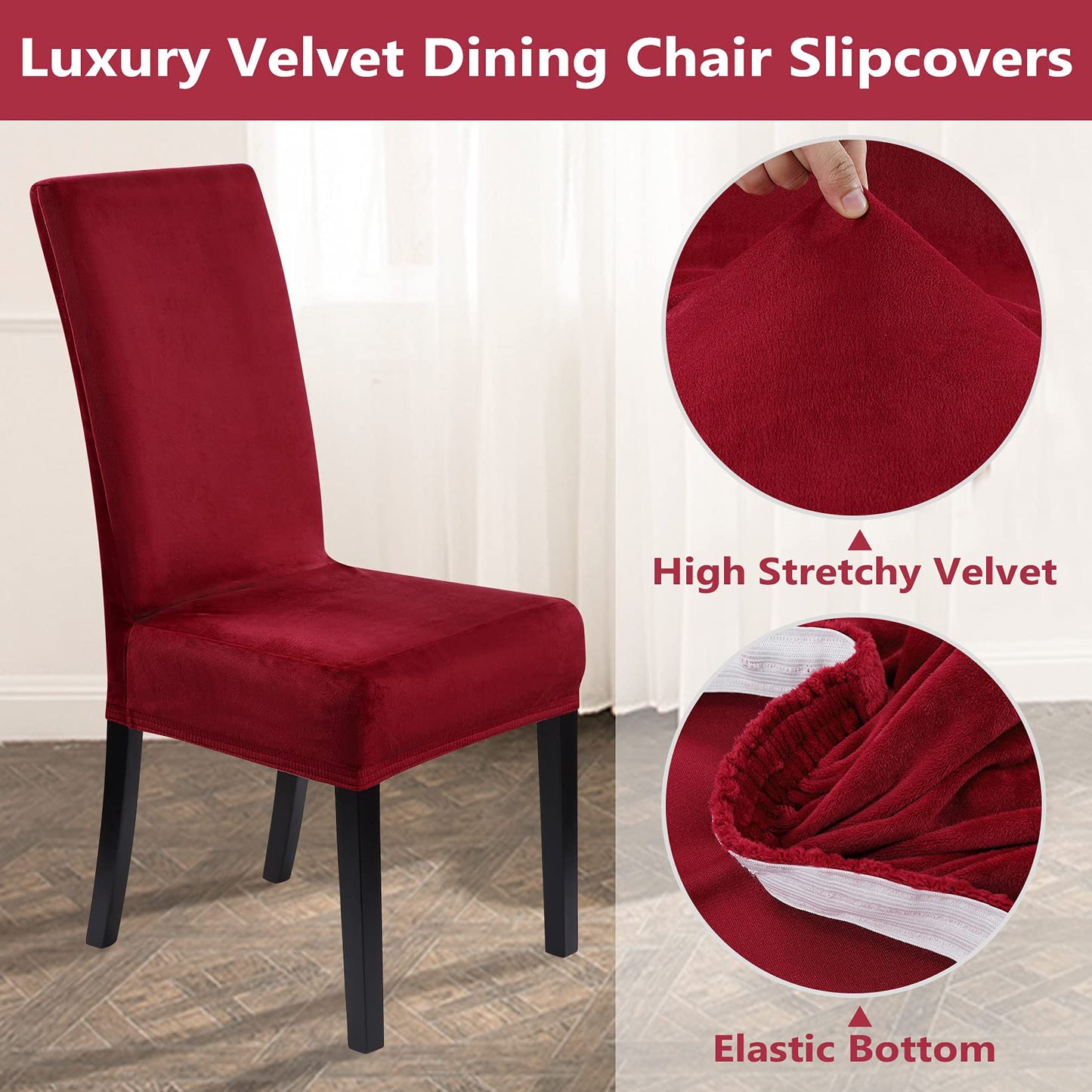 CAROMIO Velvet Chair Covers for Dining Room Set of 4, Soft Stretch Removable Velvet Dining Room Chair Slipcovers Chair Protectors Covers, Wine Red