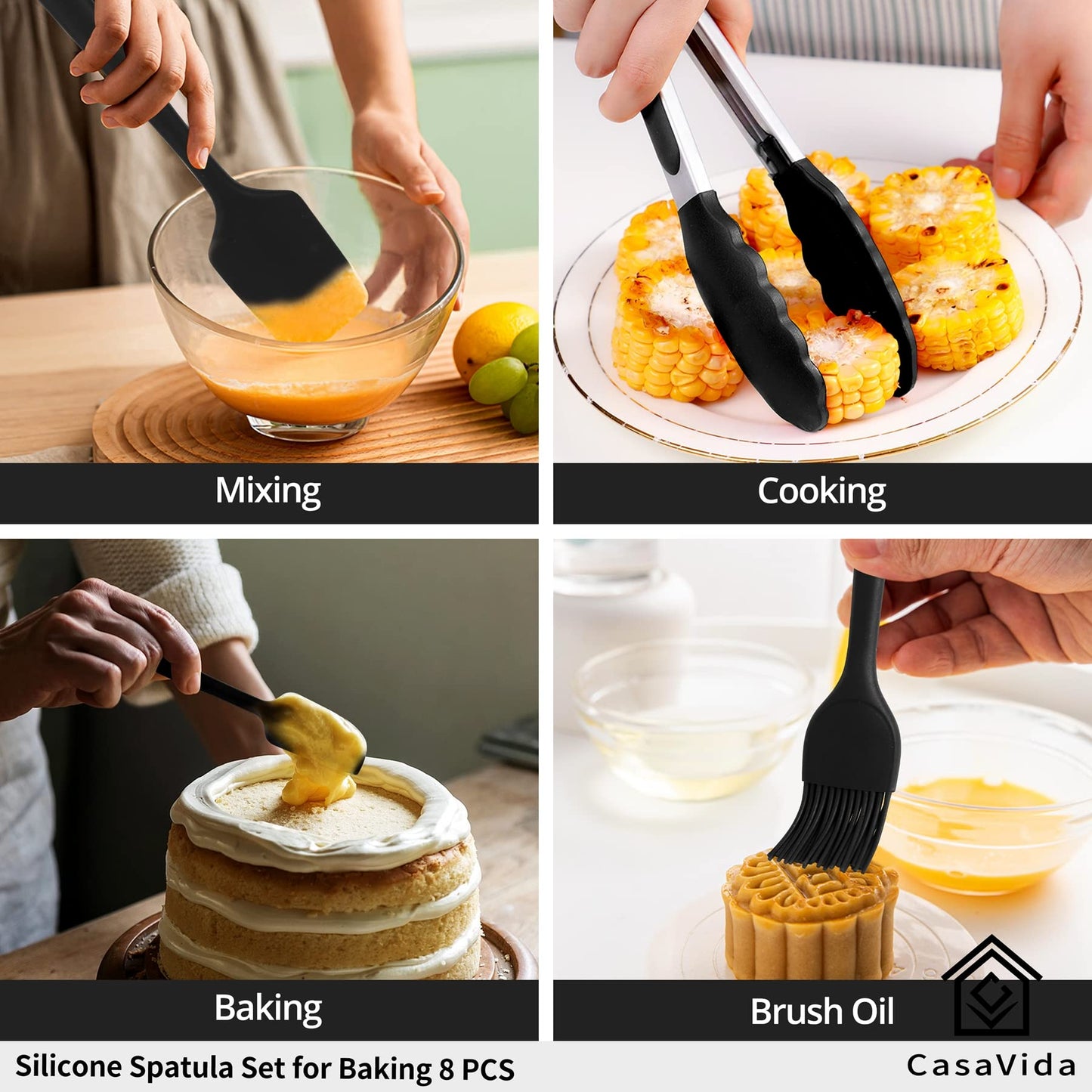 CasaVida Silicone Spatula Set One-piece Seamless High Heat Resistant Non Stick Bakery Spatula Flexible BPA Free Dishwasher Safe Kitchen Utensils Bakeware Cookware Cooking Baking Mixing Black 8pcs