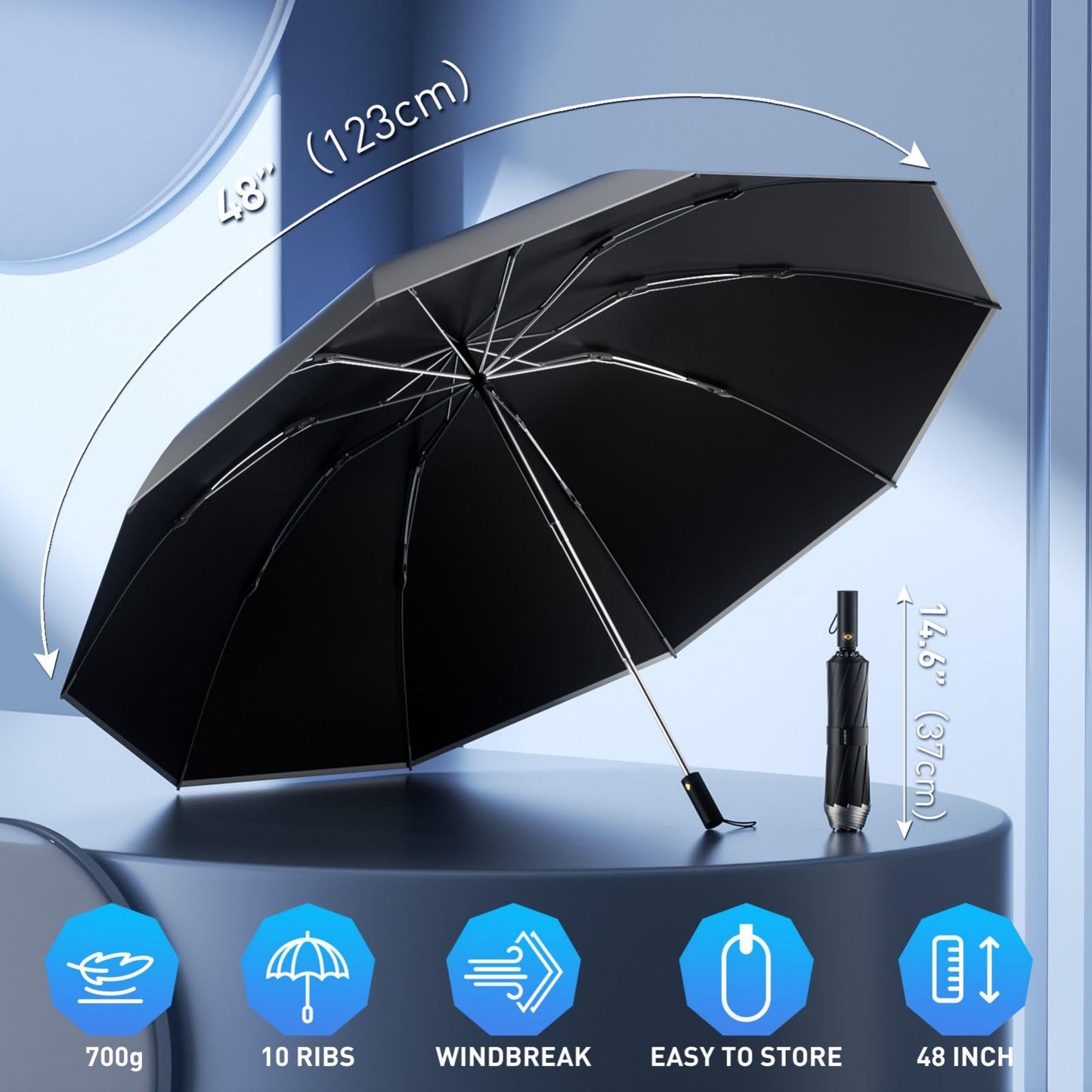 MJOFFIN Travel Inverted Umbrella,Large Windproof Umbrellas for Rain,Compact Auto Umbrella with Reflective Strip,Travel Reverse Folding Umbrella with case(Black)