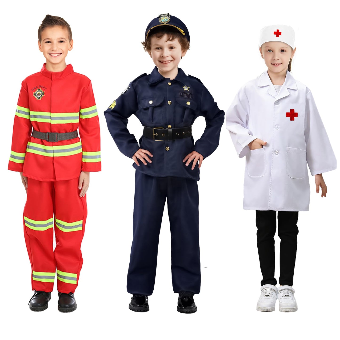 Boys Dress Up Costumes for Play, Kids Role Play Dress Up Clothes for 3-6 Years Old Play, 3 in 1 Set Police Officer/Firefighter/Doctor Costume for Kids Boys Halloween Pretend Play