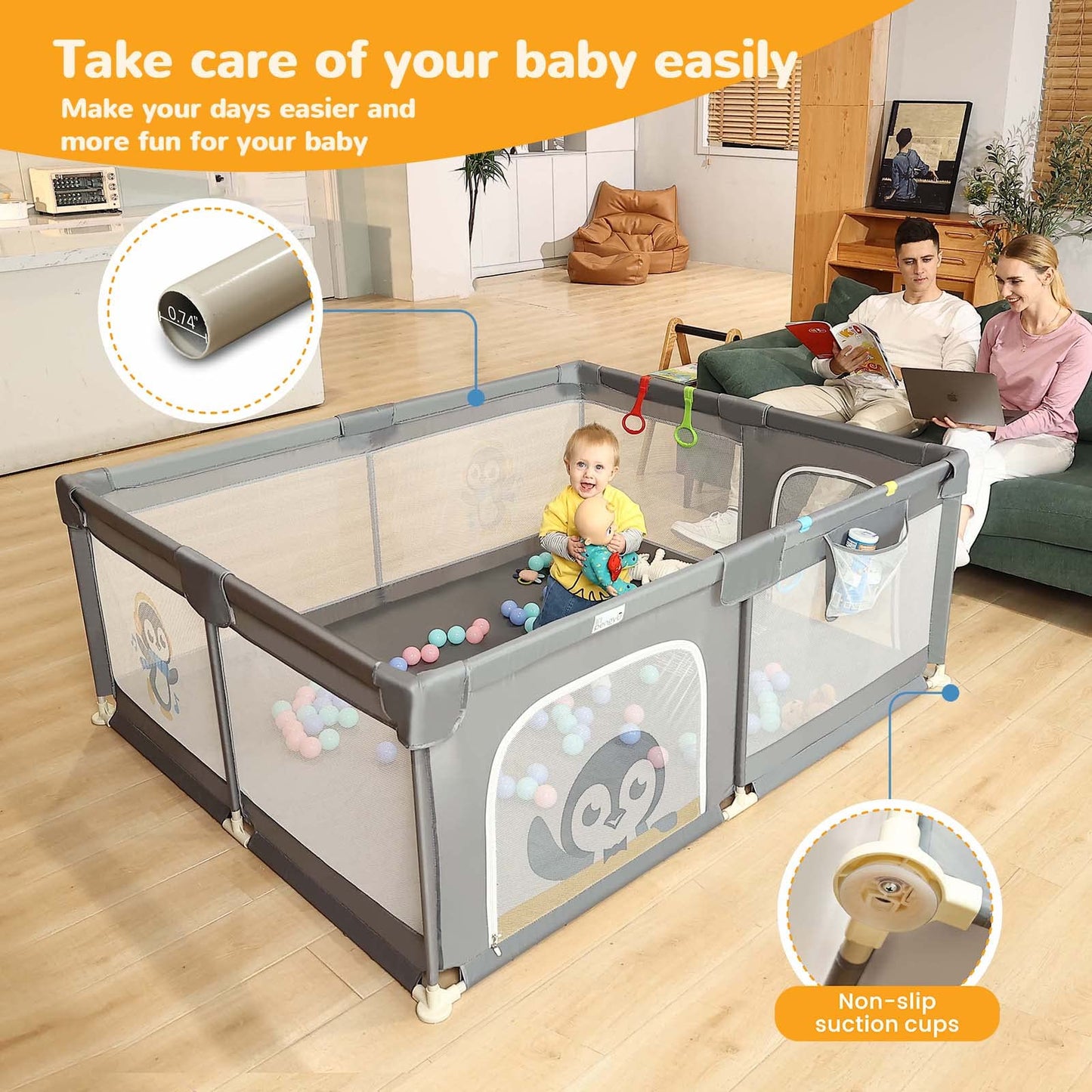 Baby Playpen for Babies and Toddlers, 71 x 59 inch Baby Play Yards, Kids Play Pen for Indoor & Outdoor, Extra Large Baby Playpen, Toddler Play Yard with Carrying Bag, Anti-Slip Base (Gray)