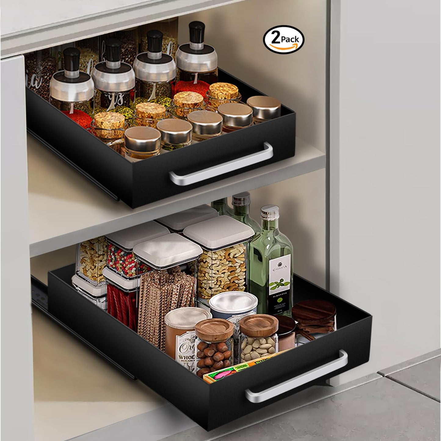 2 Pack Pull out Cabinet Organizer Fixed with Adhesive Nano Film, Heavy Duty Slide out Pantry Shelves Drawer Storage,Under Sink Storage Organization with Handle for Kitchen