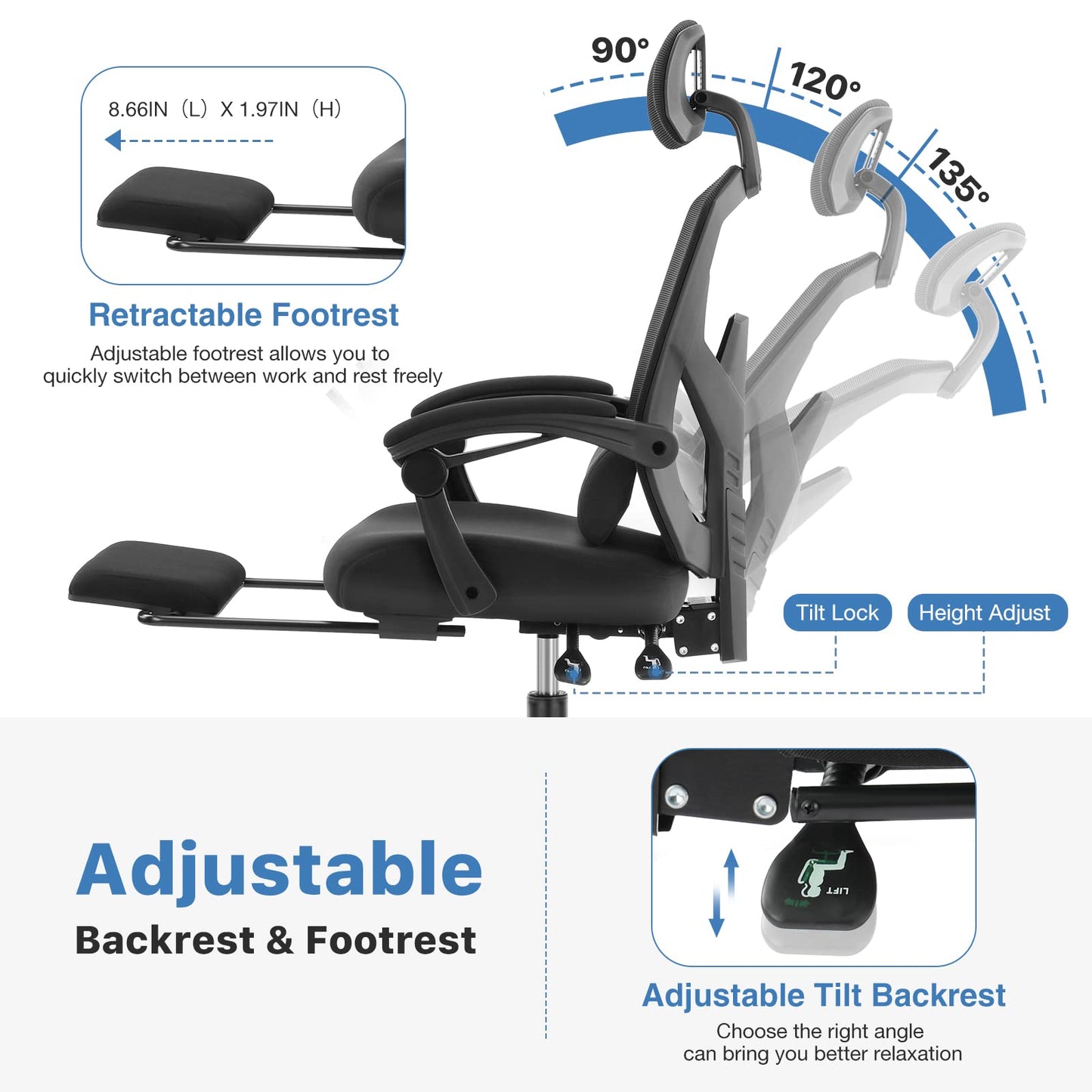 AFO Ergonomic Office Chair, High Back Office Chair with Lumbar Pillow & Retractable Footrest, Mesh Office Chair with Padded Armrests and Adjustable Headrest, Height Adjustable, Dark Black (WY-9053-BK)