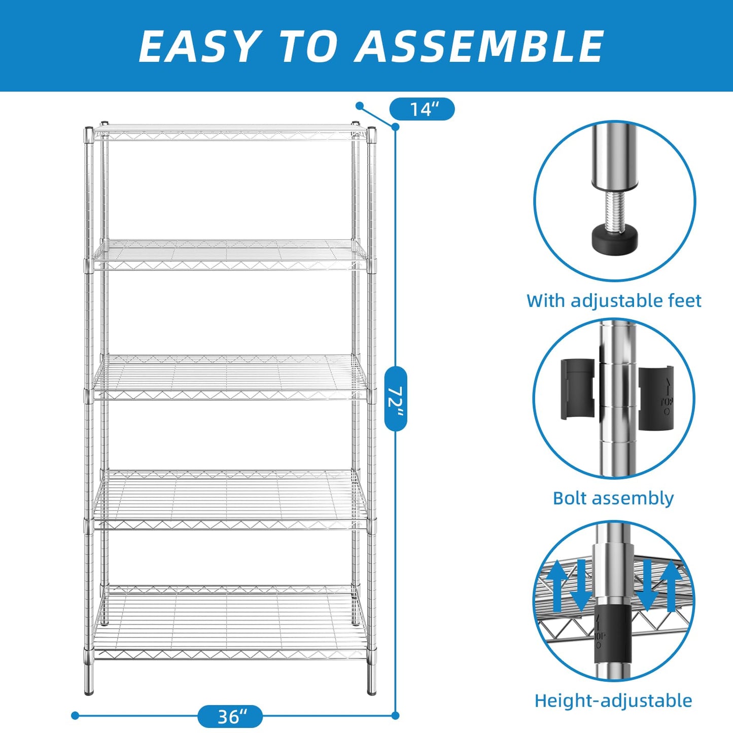 Guan River 5-Shelf Adjustable Metal Shelf Wire Shelving Unit Heavy Duty Storage Rack Display Shelf for Office,Kitchen,Bedroom,Bathroom,Laundry,Pantry Basement,Garage(Chrome,36" L x 14" W x 72" H)
