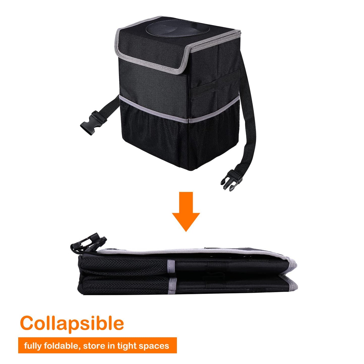 Olitec Car Trash Can with Lid and Pockets Accessories Leakproof/Waterproof Organizer Bin for Storage Garbage Can Bag Trunk Back/Front Seat 2.5 Gallon