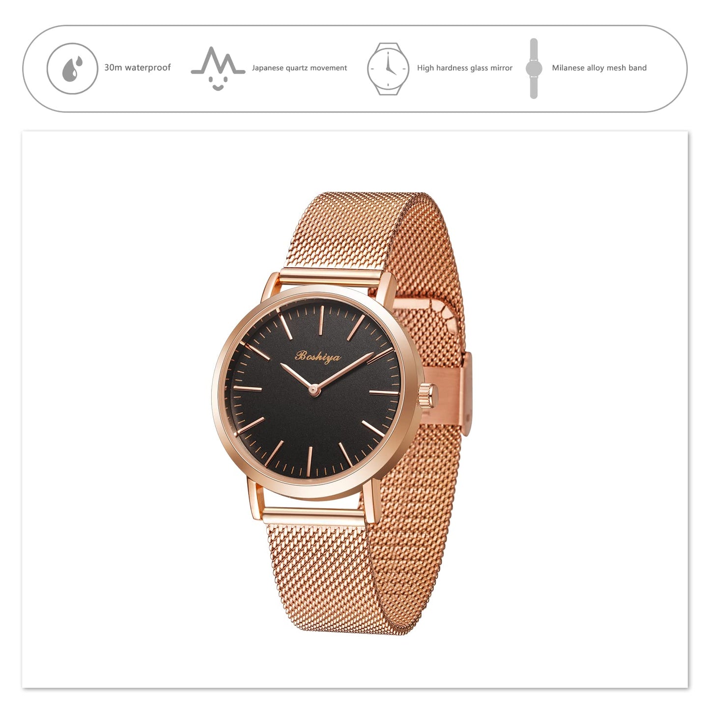 BOSHIYA Womens Stainless Steel Band Watch,Rose Gold Mesh Strap Elegant Dress Designer,Mesh Bracelet Ladies Wrist Watches Waterproof with Roman Timescale Dial