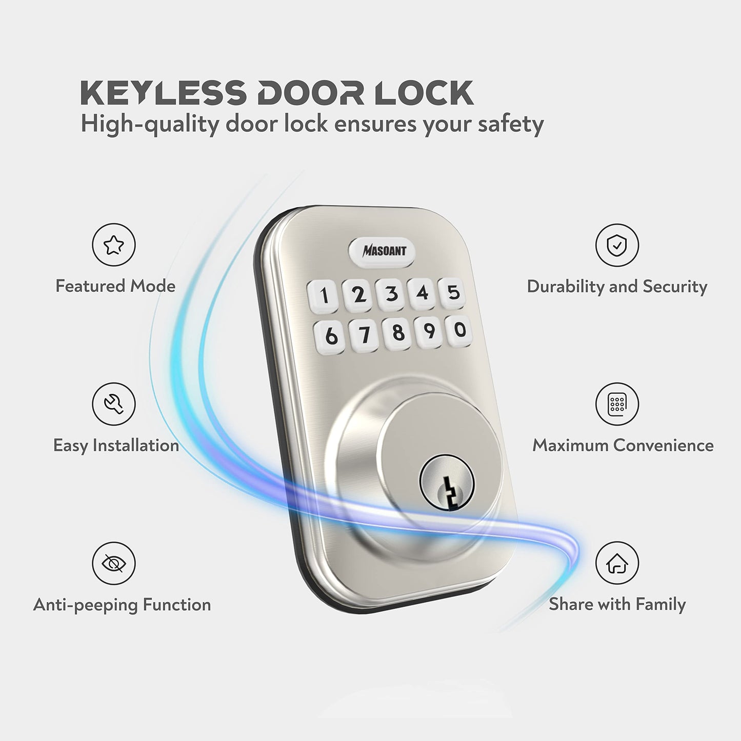 MASOANT Keyless Entry Smart Door Lock Electronic Keypad Deadbolt Lock with Keypads and Key Front Door Lock Set Auto Lock Anti-Peeping Password Weatherproofing Brushed Nickel