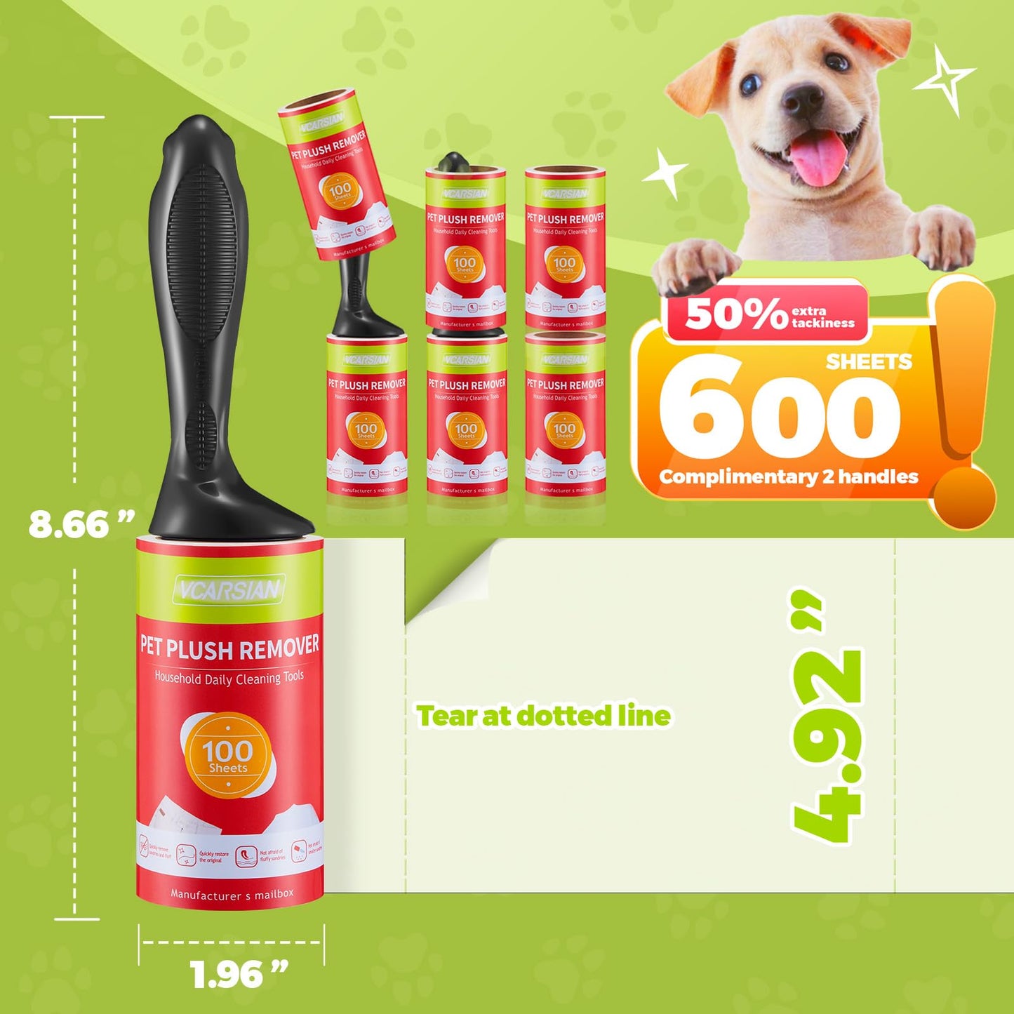 Vcarsian Lint Roller, Pet Hair Remover with 2 Enhanced Handles and 6 Rollers, Extra Sticky Portable Lint Remover for Clothes, Furniture and Pet Hair