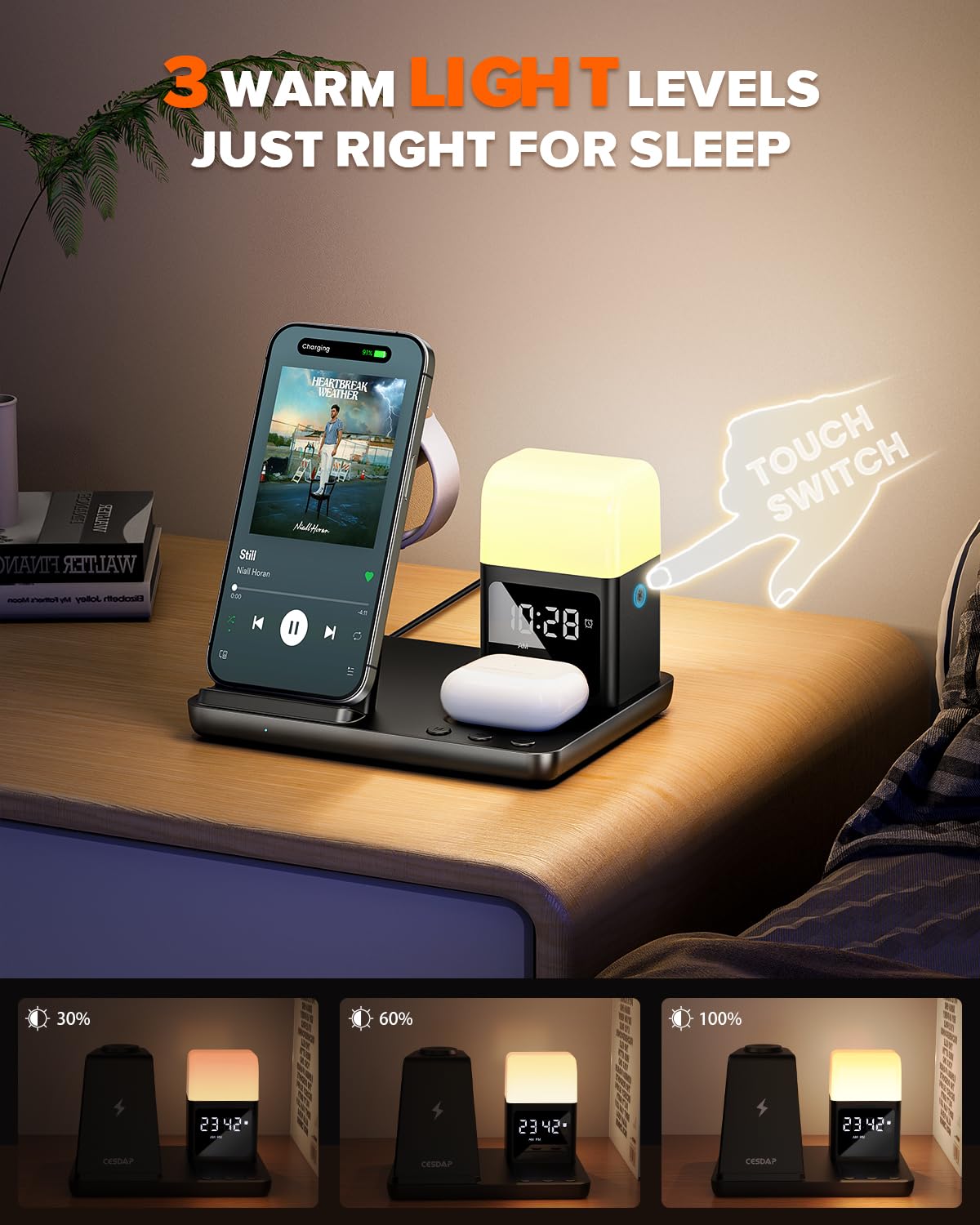 Wireless Charging Station with Alarm Clock & Light