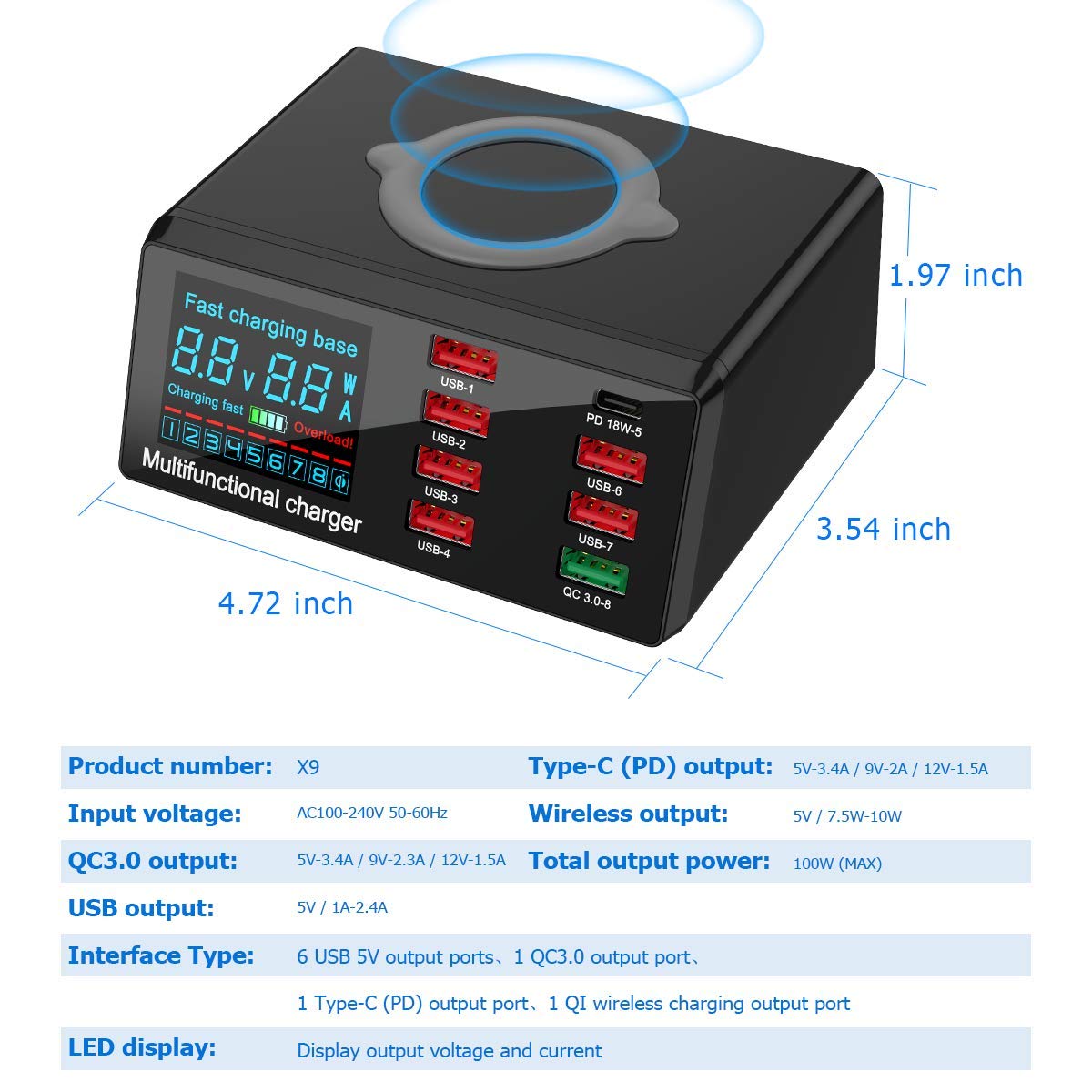 Charging Station for Multiple Devices, 100w 6-Ports Include 5USB+1QC3.0 Ports Fast Charging Station for Apple, Fit for Other Mobile Phones Brands