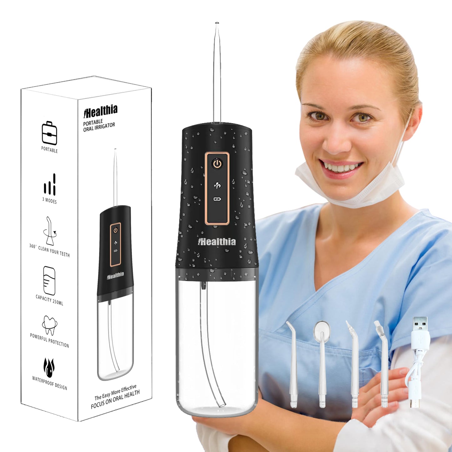 iHealthia Water Flosser for Teeth,Water Denture Brush,Rechargeable-Waterproof,Portable Cordless,Water flossers, 3 Modes 4 Nozzles, for Home&Travel (Elegant Black)