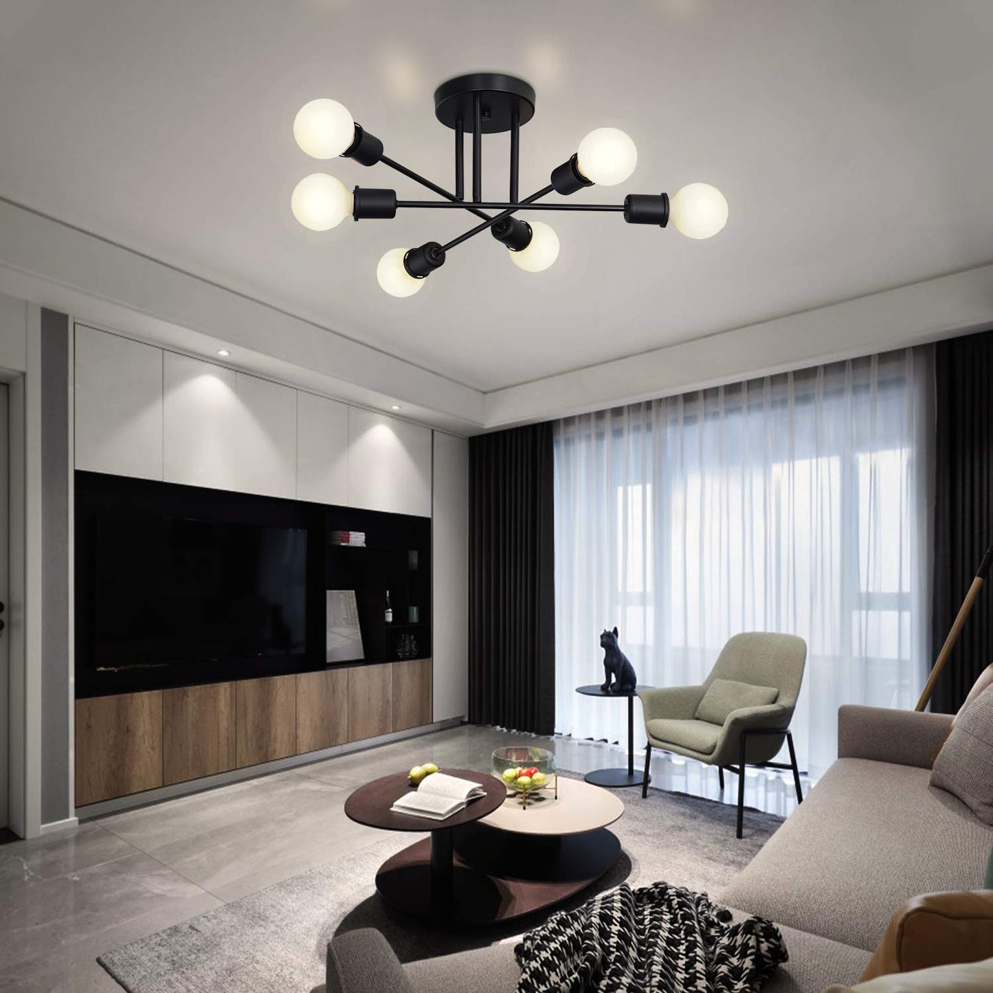 Hurrah Sputnik Light Fixture Black - 6 Lights Flush Mount Ceiling Light Fixture Industrial Chandeliers Modern for Kitchen Dining Room Living Room Bedroom Laundry E26
