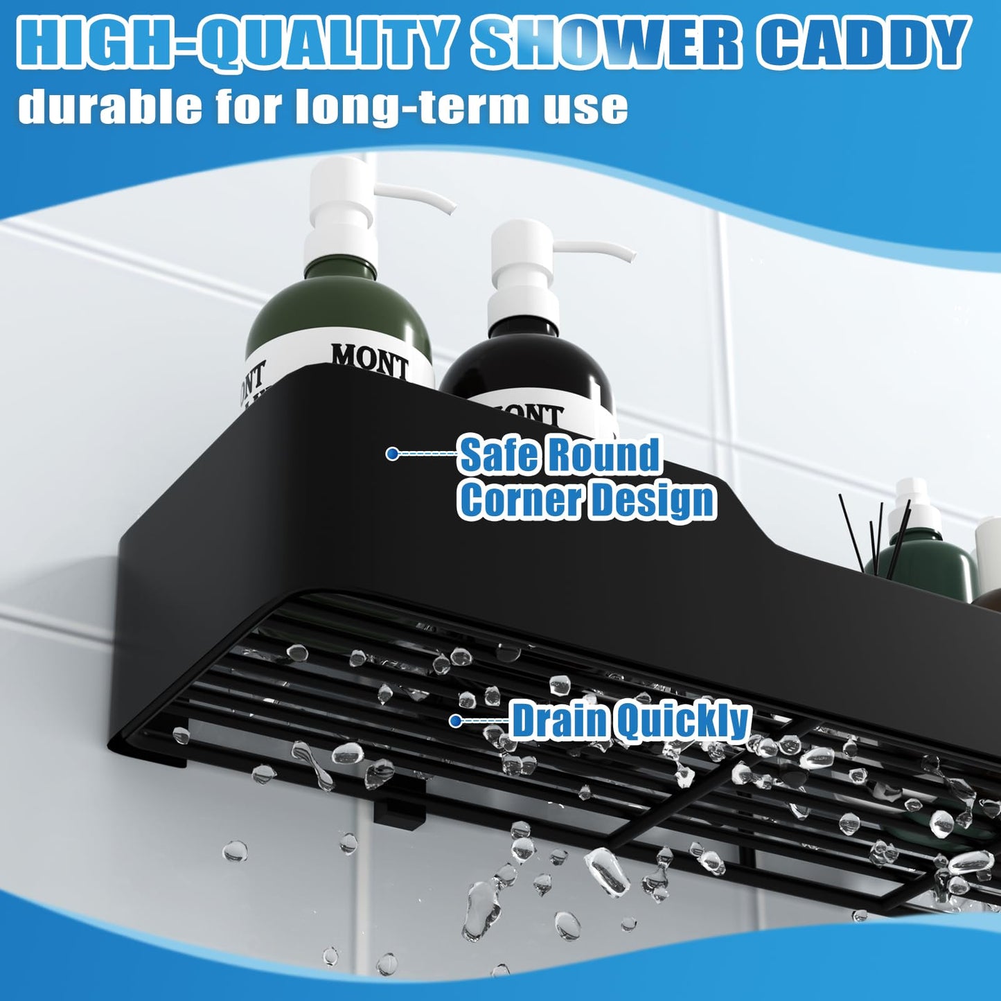 Hoenart Large Shower Caddy, 4 Pack Adhesive Shower Caddy Shelf, Bathroom Shower Organizer, Shower Shelves for Inside Shower, Drill-Free, Quick-Dry, Rustproof Stainless Steel Shower Storage (Black)