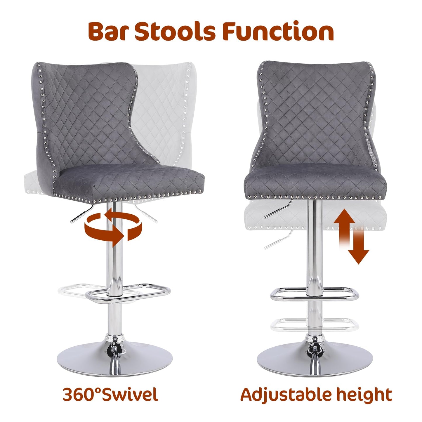 Chummaven Velvet Adjustable Bar Stools Set of 2, Counter Height Swivel Barstools with Chrome Base Footrest, Modern Upholstered Bar Chairs with Boutton Tufed High-Back for Kitchen,Dark Grey