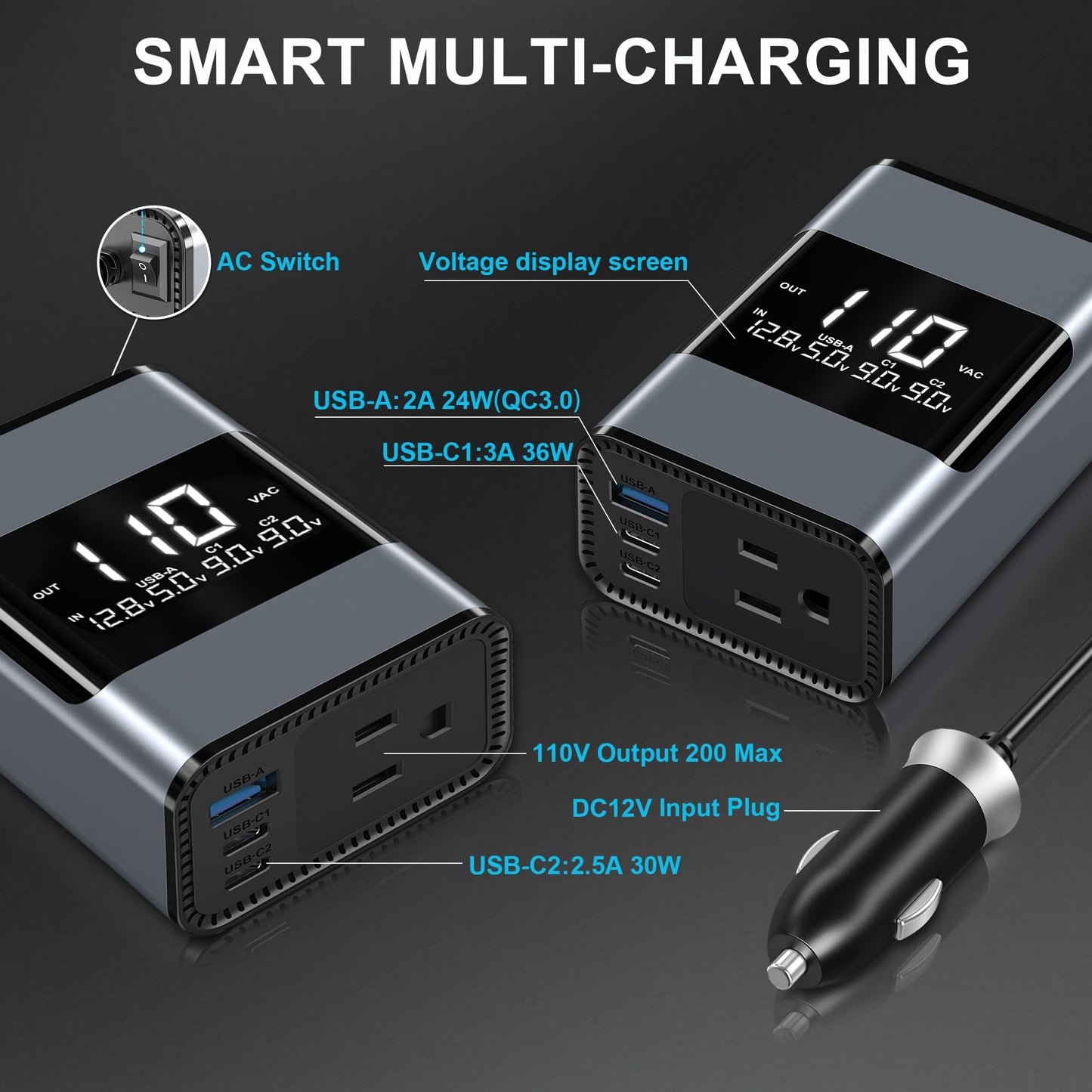 200W Car Power Inverter with Dual Outlets