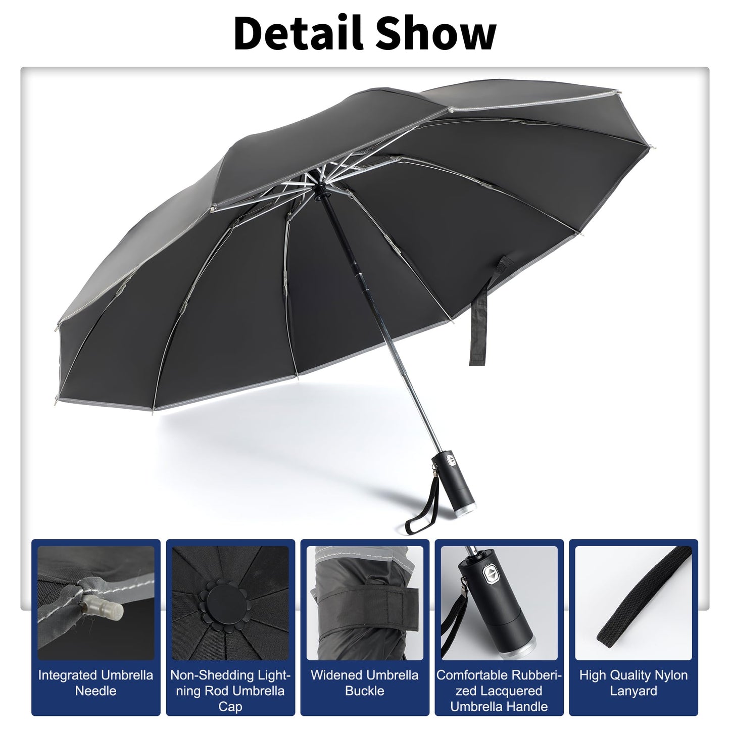 DEDC Windproof Travel Umbrella Compact Folding Rain Portable With Built-in LED light Umbrellas Automatic LightWeight for Men Women Teenage Small (Black)