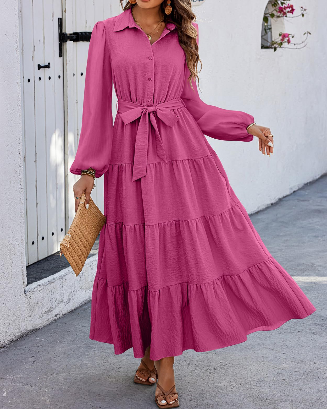 dowerme Women's Long Sleeve Dress 2025 Button Down Belted A-Line Flowy Fall Outfits Ruffle Maxi Holiday Party Dresses(Rose Red,XX-Large)