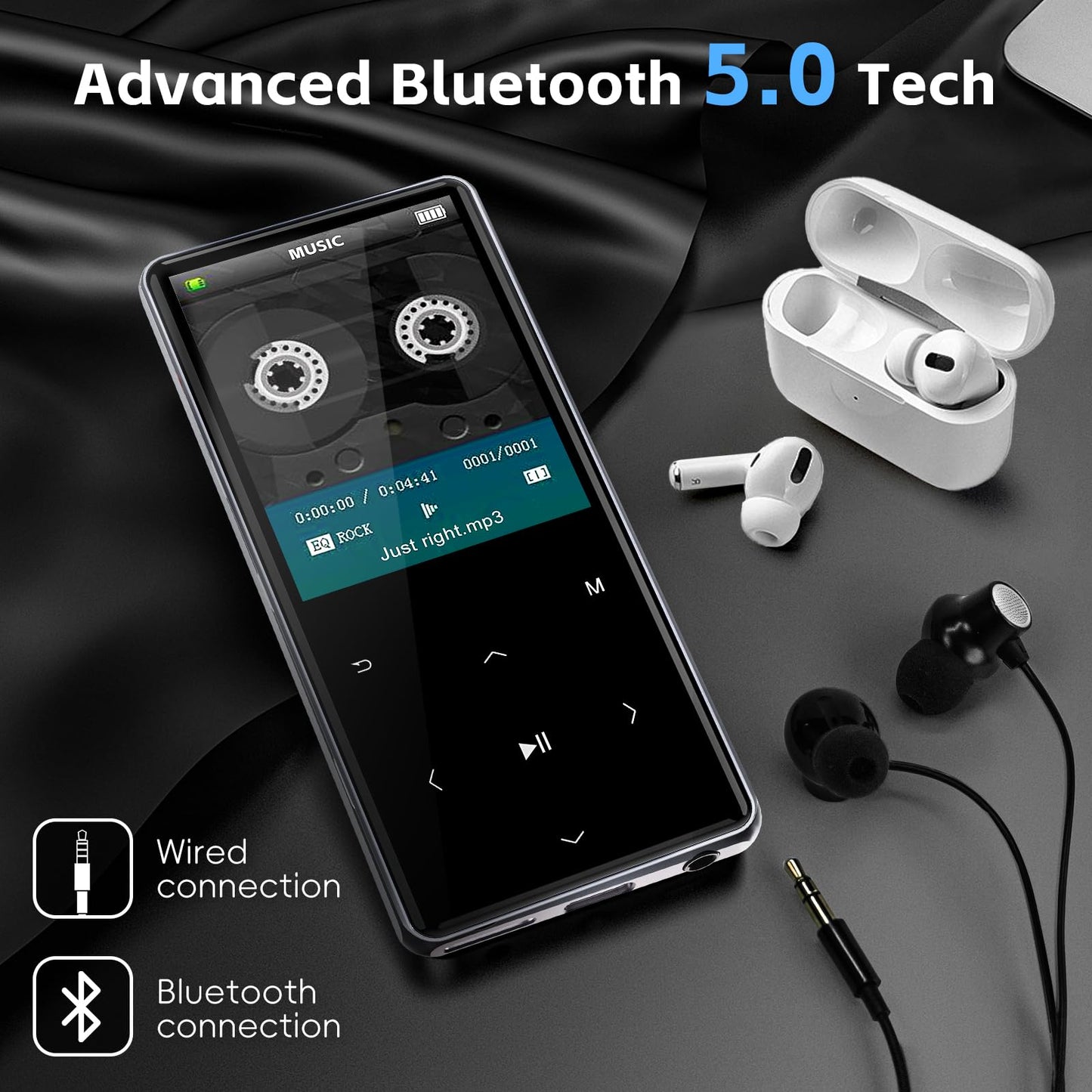 HIFI WALKER M7 64GB MP3 Player with Bluetooth 5.0: 2.4" Screen Portable Music Player with Speaker-Lossless Music Digital Player with Earphones,Voice Recorder,E-Book,Touch Buttons,Ideal for Sport Black