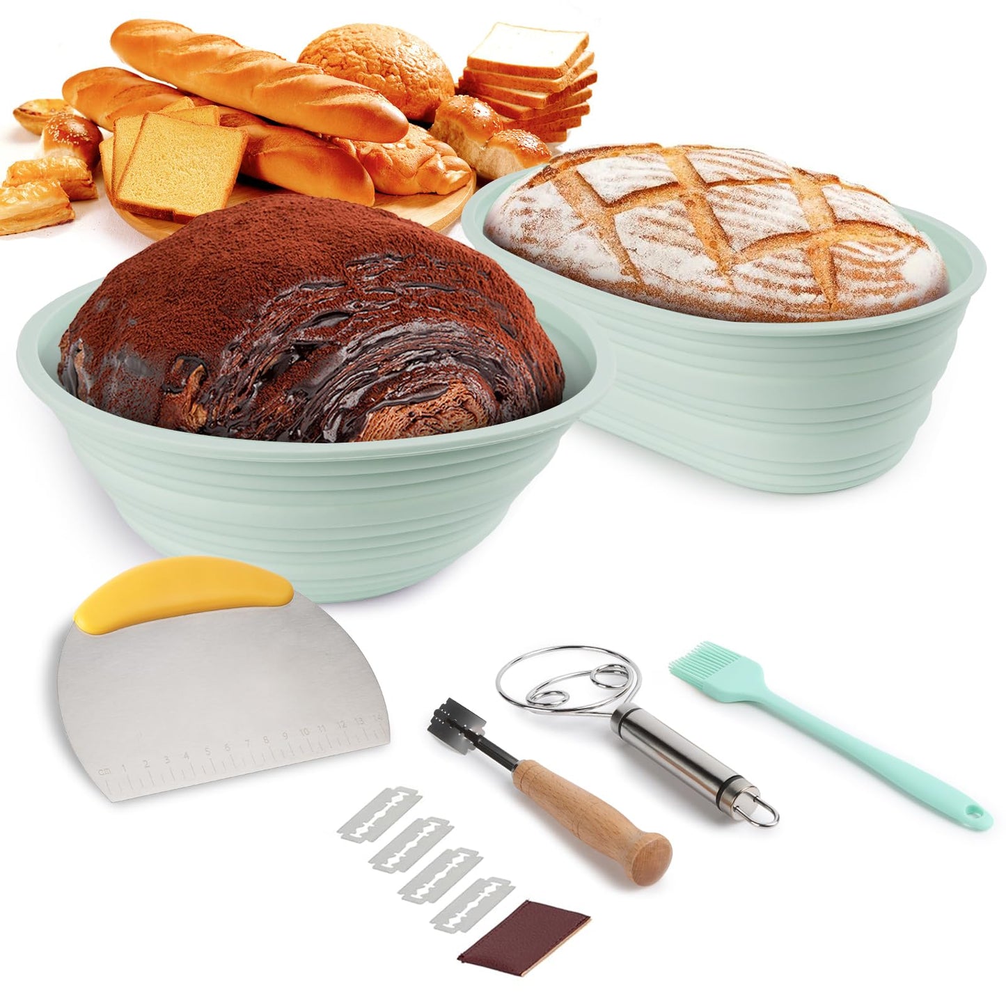 Silicone Banneton Bread Proofing Baskets - 9” Round & 10” Oval, Complete Foldable Sourdough Baking Set with Tools, Heat Resistant, Non-Stick, Easy Clean, Sourdough Bread Baking Supplies