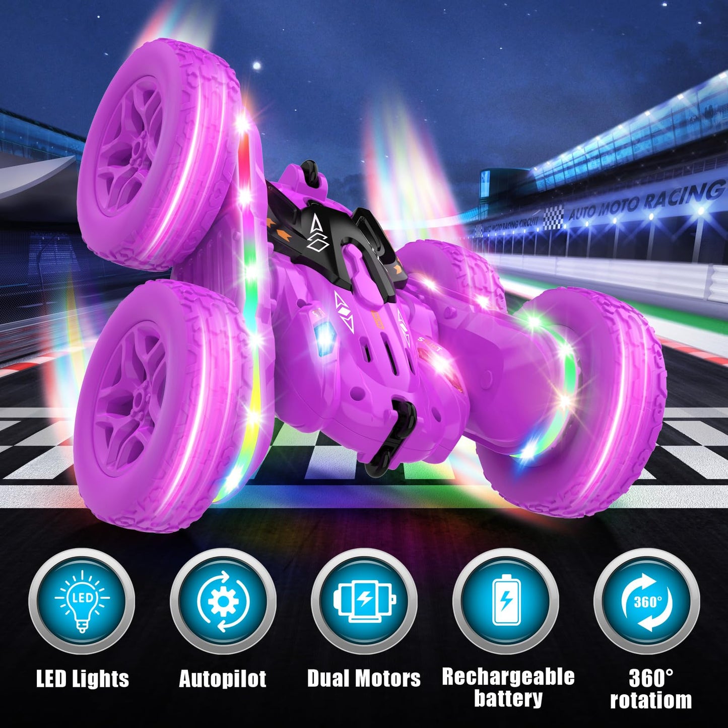 Jimdella Remote Control Car,RC Cars with sides light strip and Headlights,Double Sided 360 Flips Rotating RC Stunt Car,2.4Ghz All Terrain Toys for Ages 4-6 Kid Toy for Boys Girls Birthday Gift(Purple)