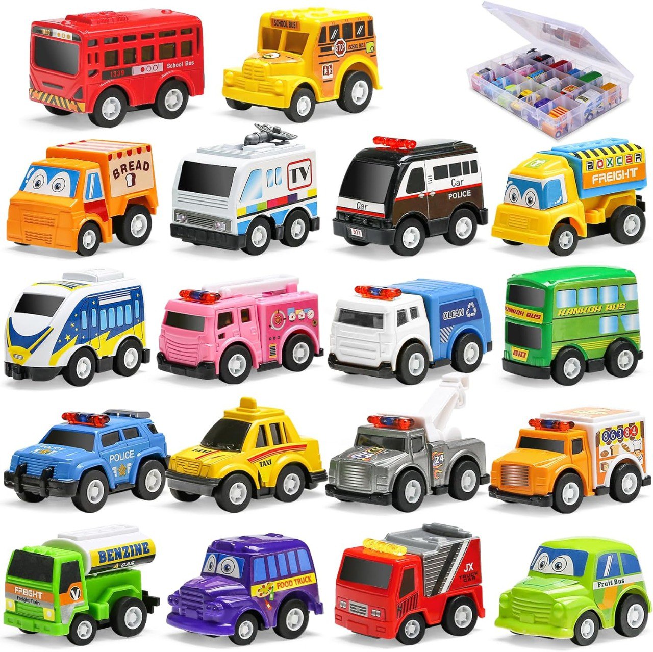 18 Pack Pull Back Toy Cars with Storage Box