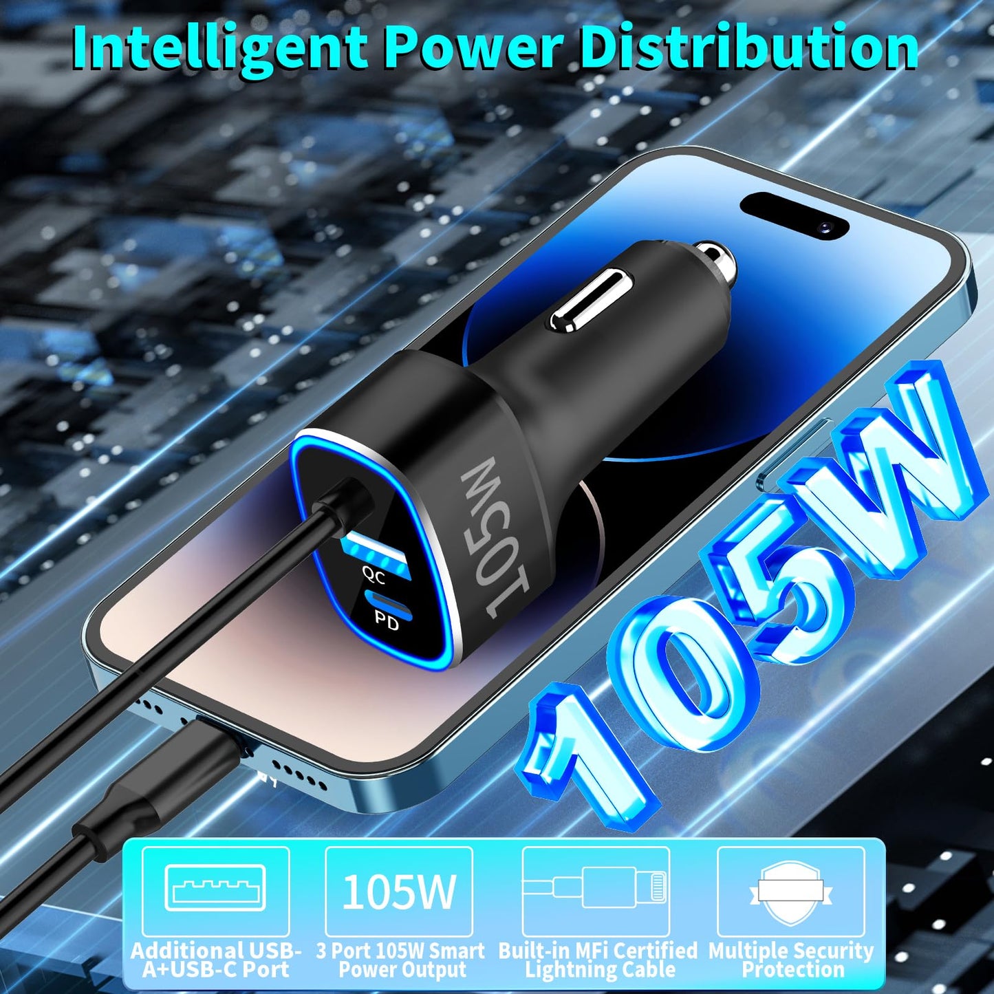 105W USB-C Fast Car Charger with 6FT Cable