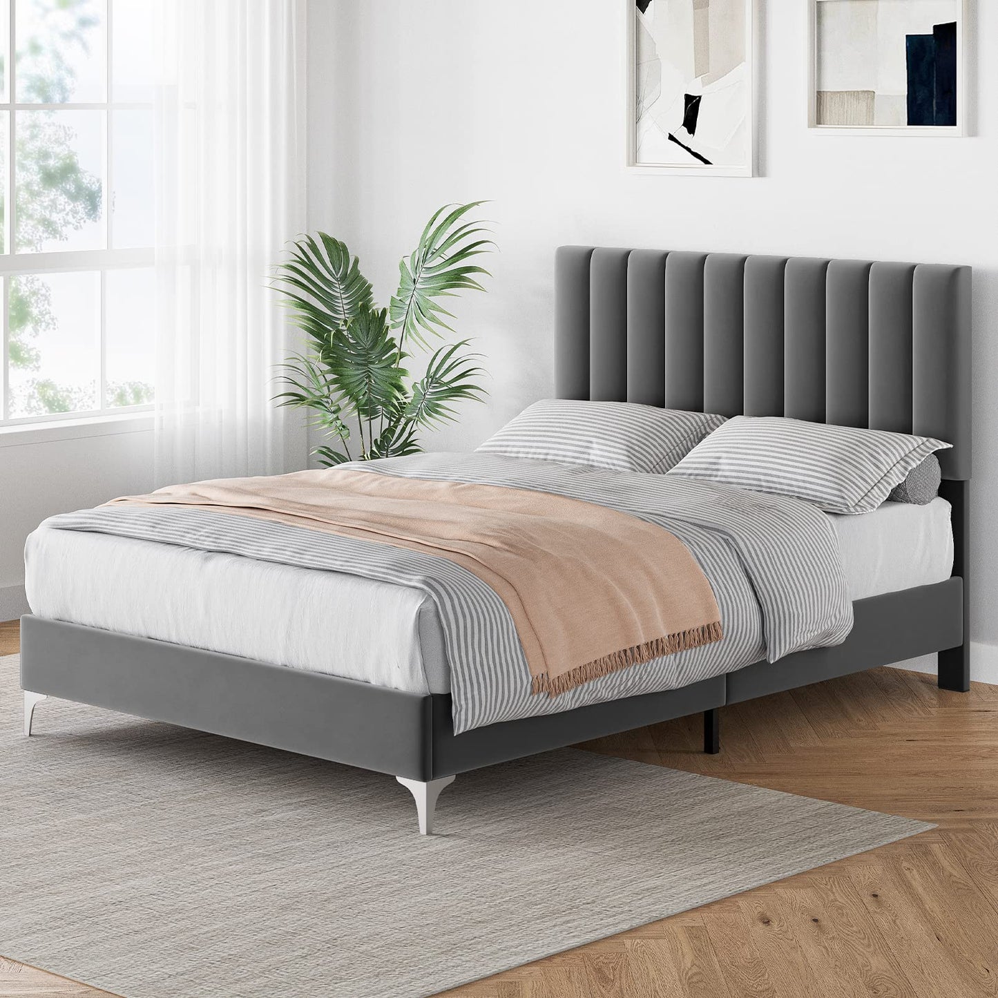 Full Size Velvet Bed Frame with Adjustable Headboard