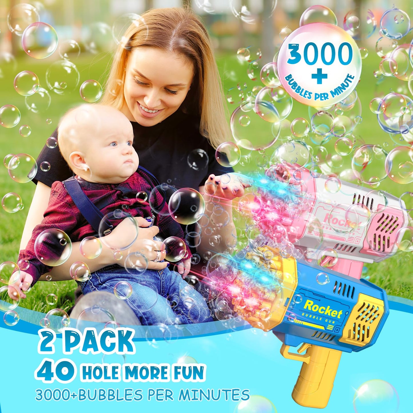 Bubble Machine 2 Pack Mini Bubble Gun for Toddlers, Bubble Maker Blower Toys with Lights,4000+ Bubbles Per Minute for Boys Girls Toddlers Outdoor Indoor Birthday Wedding Party (Blue Pink)