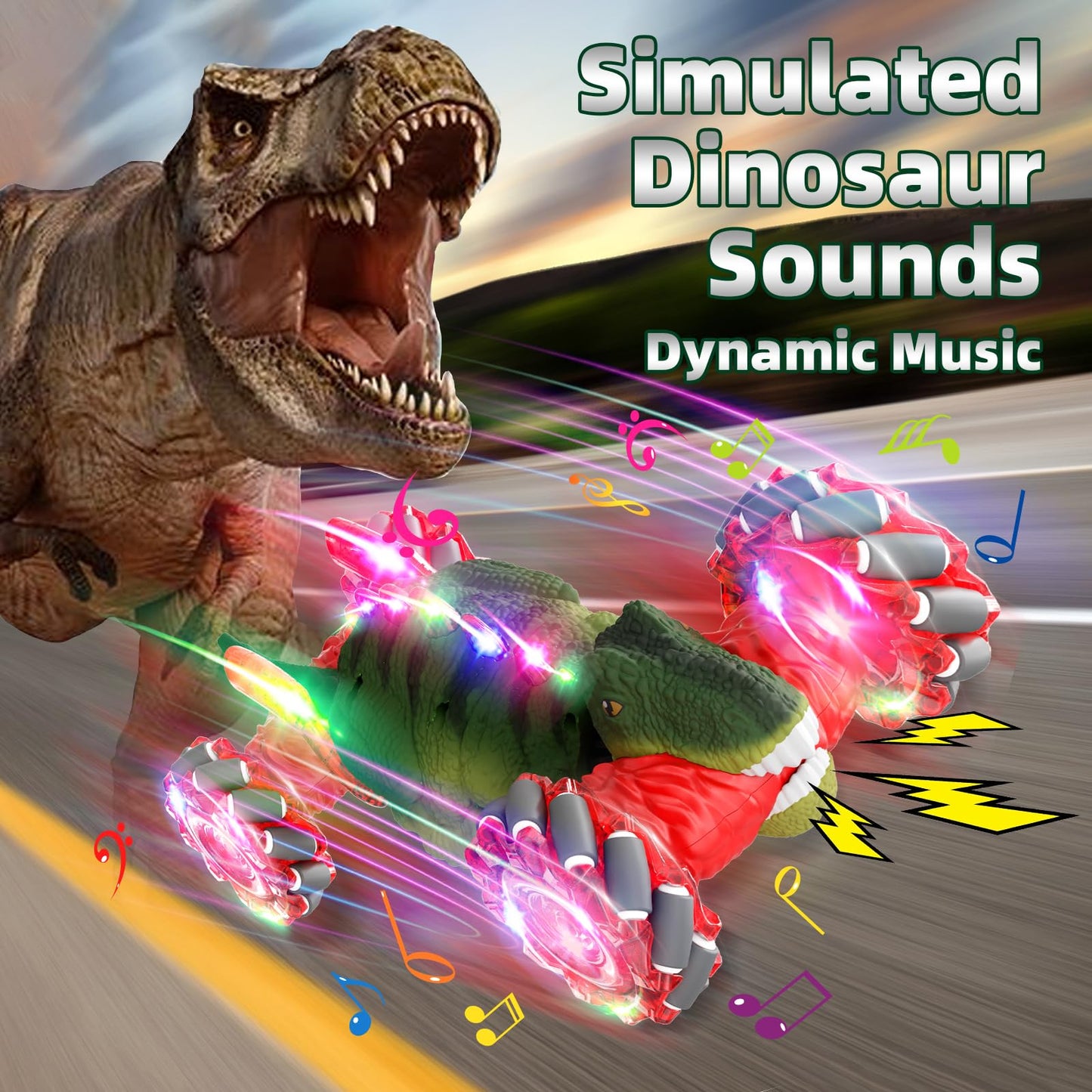 5 Dinosaur Remote Control Cars with Sounds & Lights