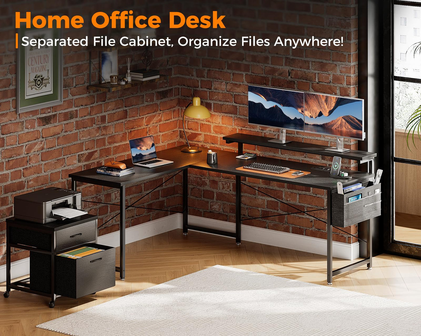 AODK L Shaped Computer Desk, 55" Office Desk with File Cabinet, Power Outlet and Adjustable Monitor Stand, Executive Home Office Furniture Set, Reversible Corner Desk with Storage Bag, Black
