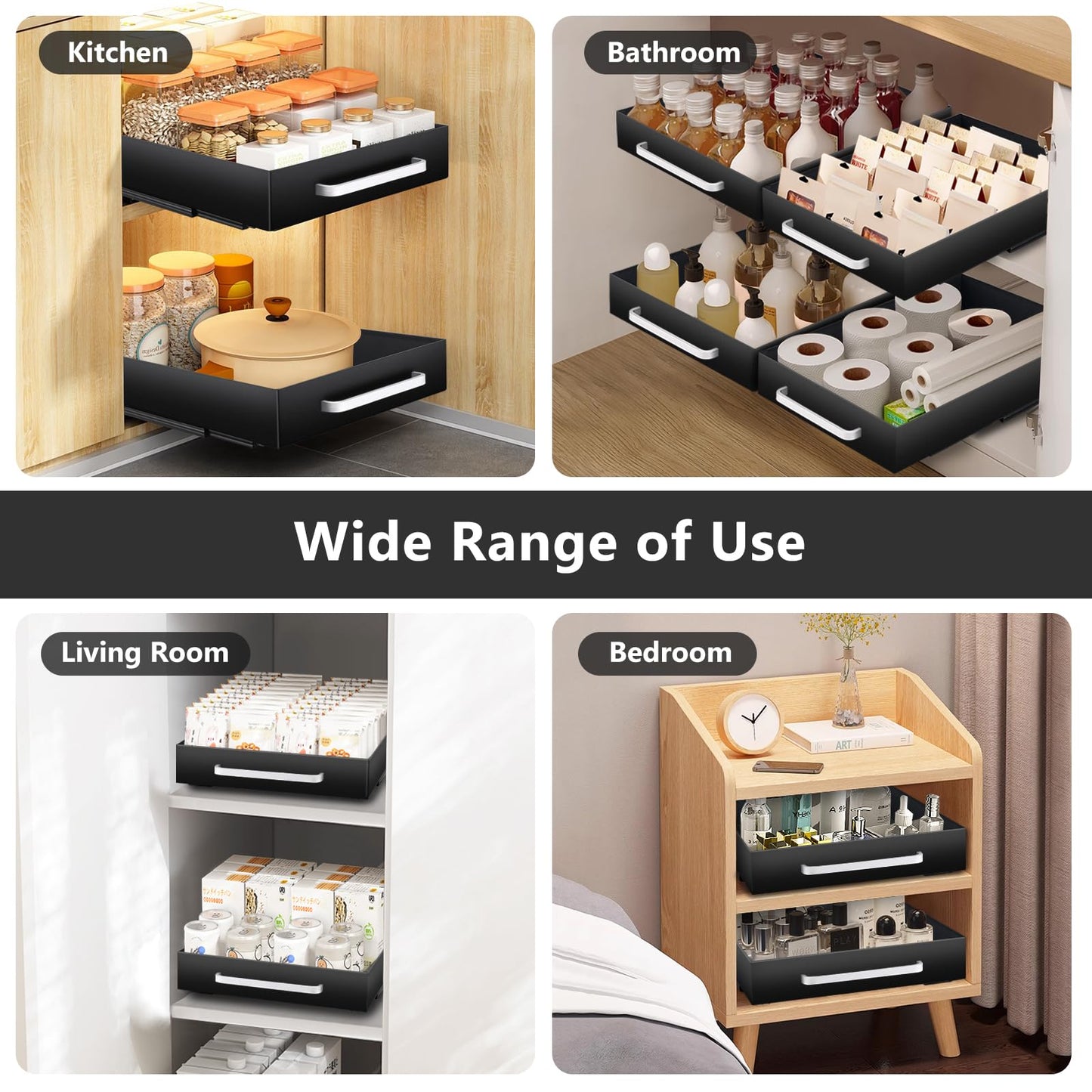 2 Pack Pull out Cabinet Organizer Fixed with Adhesive Nano Film, Heavy Duty Slide out Pantry Shelves Drawer Storage,Under Sink Storage Organization with Handle for Kitchen