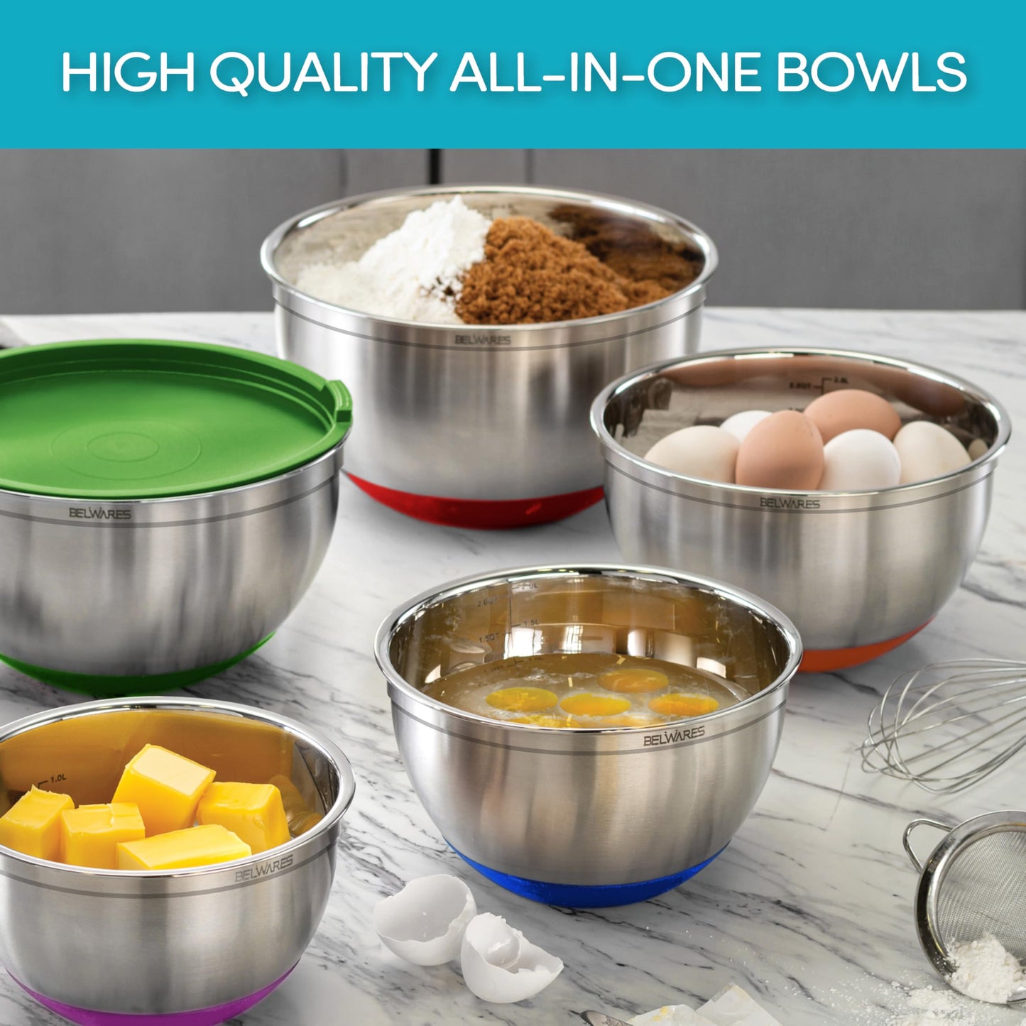 5-Piece Belwares Stainless Steel Mixing Bowls Set