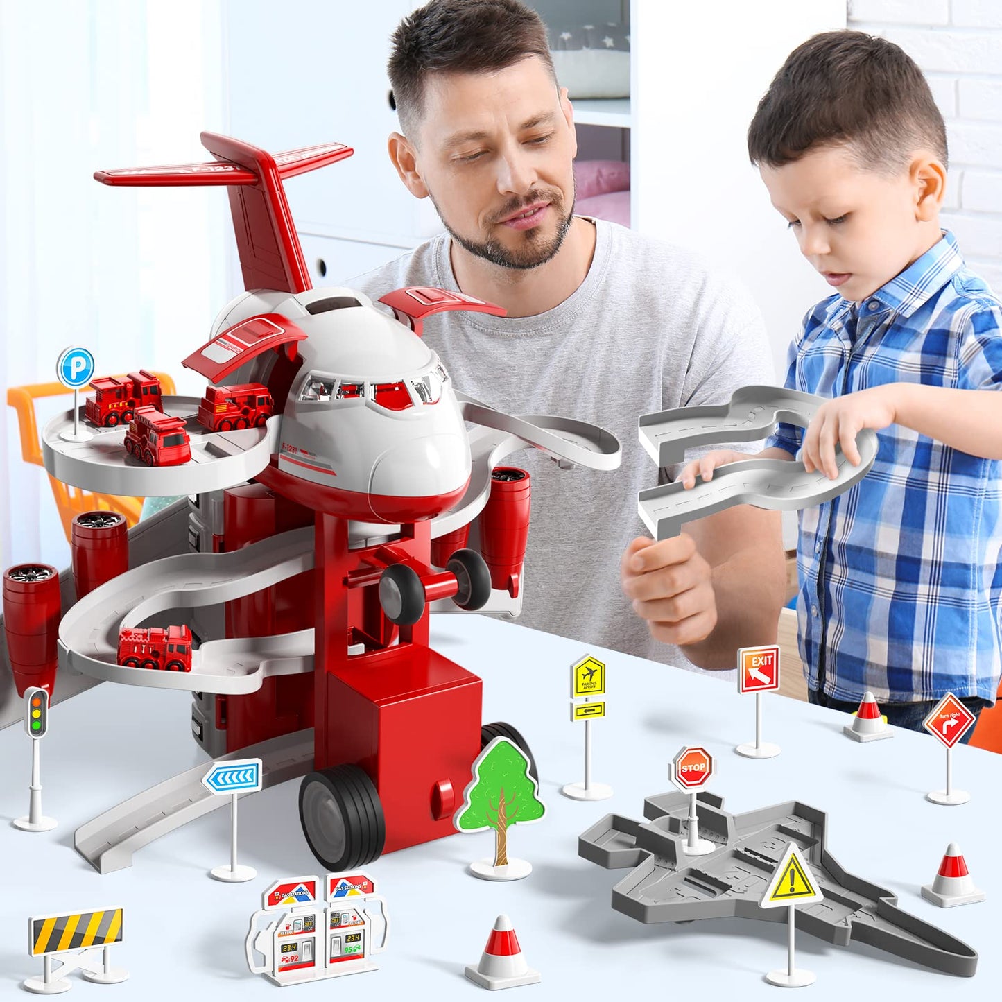 iHaHa Firetruck Garage Parking Lot Playset Toy Airplane with 14 Road Signs 4 Inertial Cars 1 Map