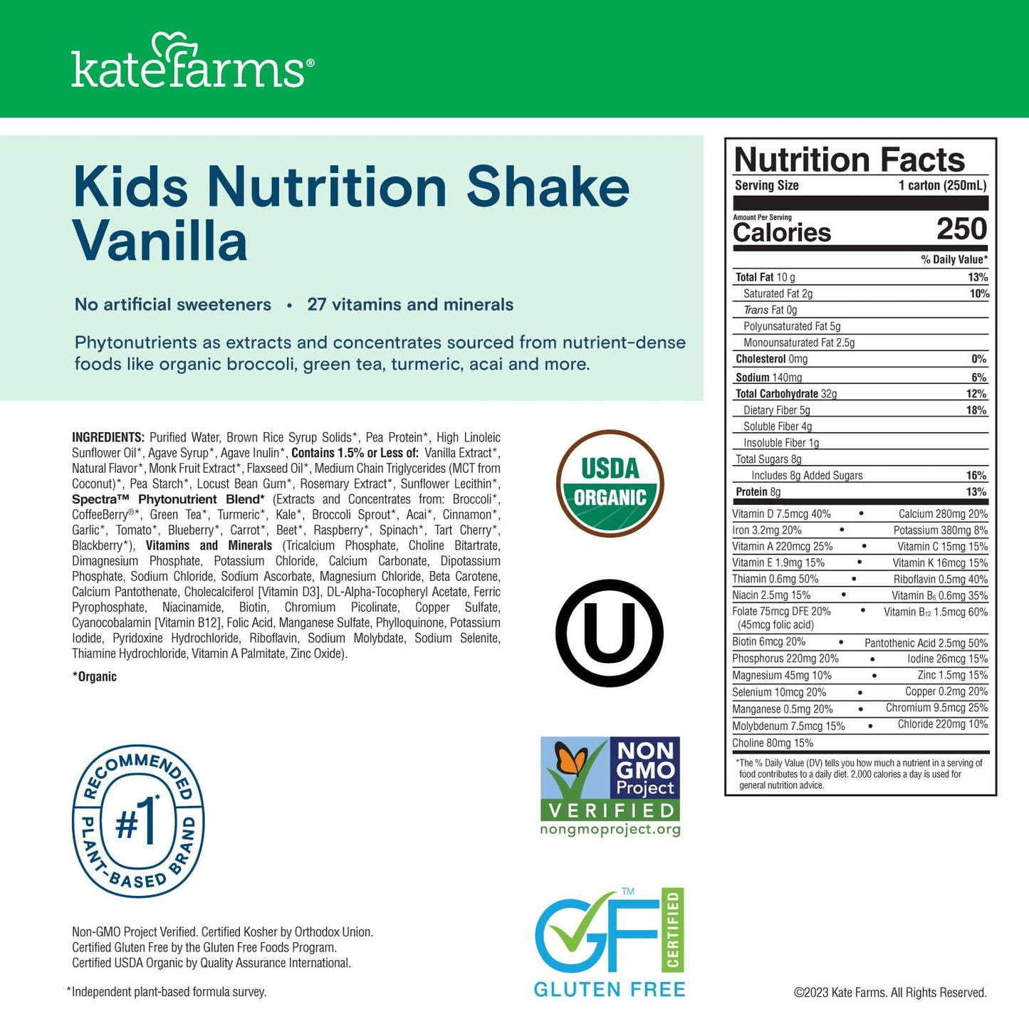 12 Pack Kate Farms Organic Kids Nutrition Shake