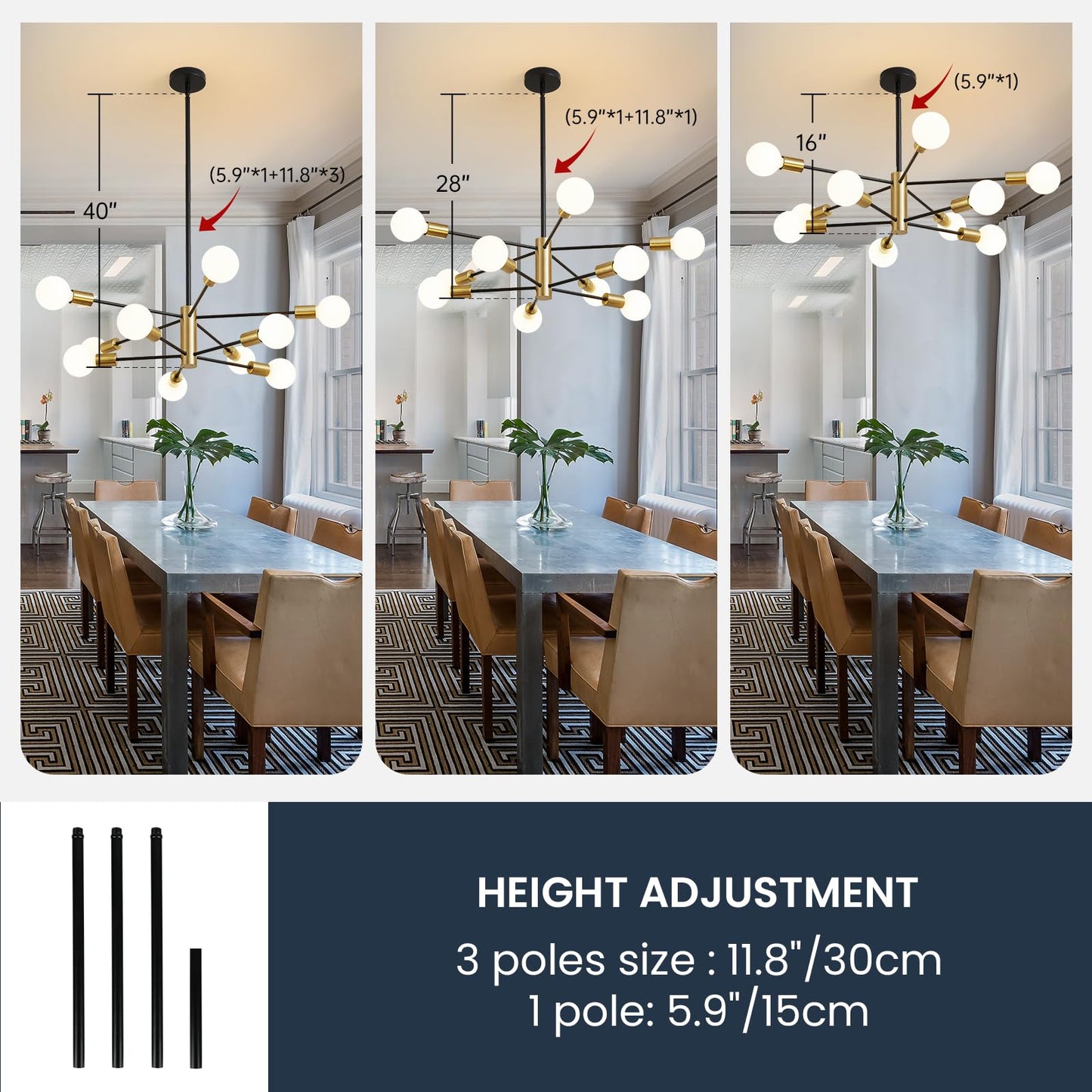 10-Light Modern Black and Gold Chandelier Pendant