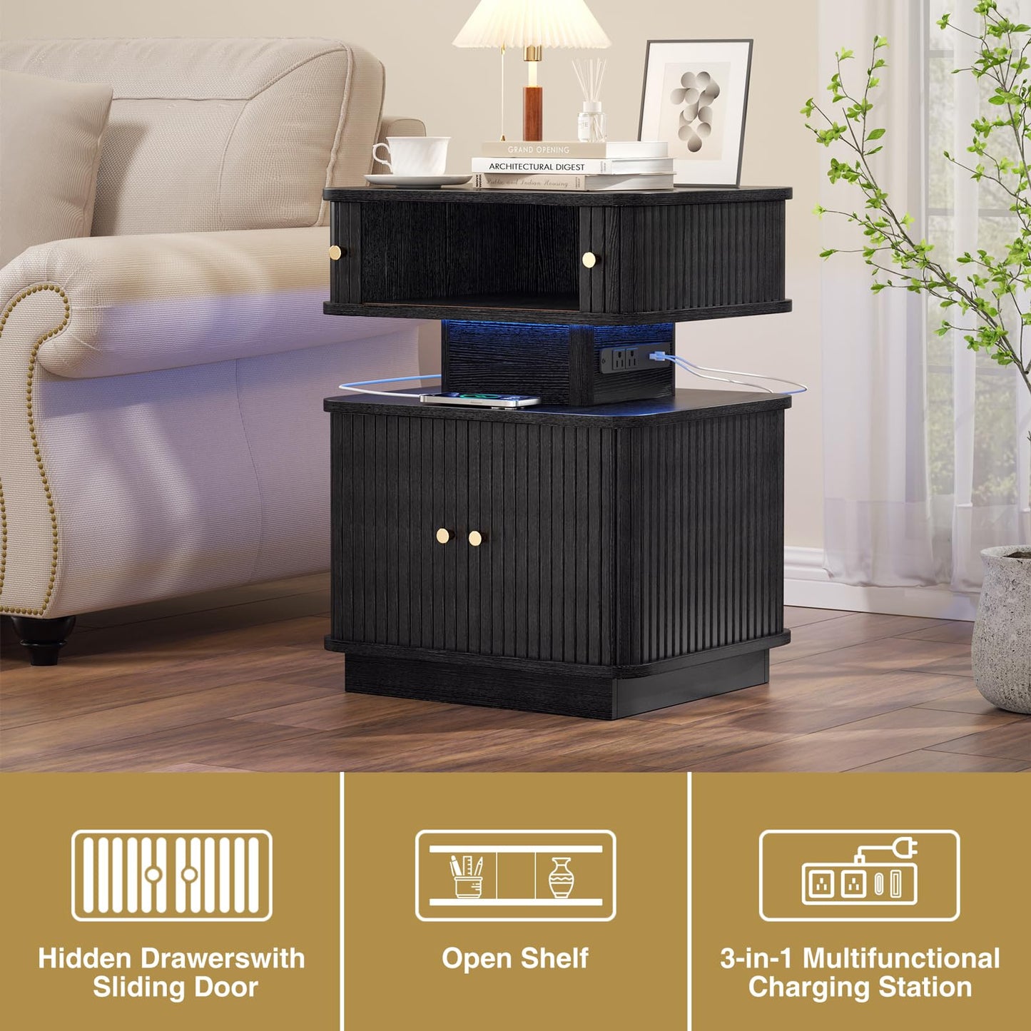LED Nightstand with Charging Station and Drawers
