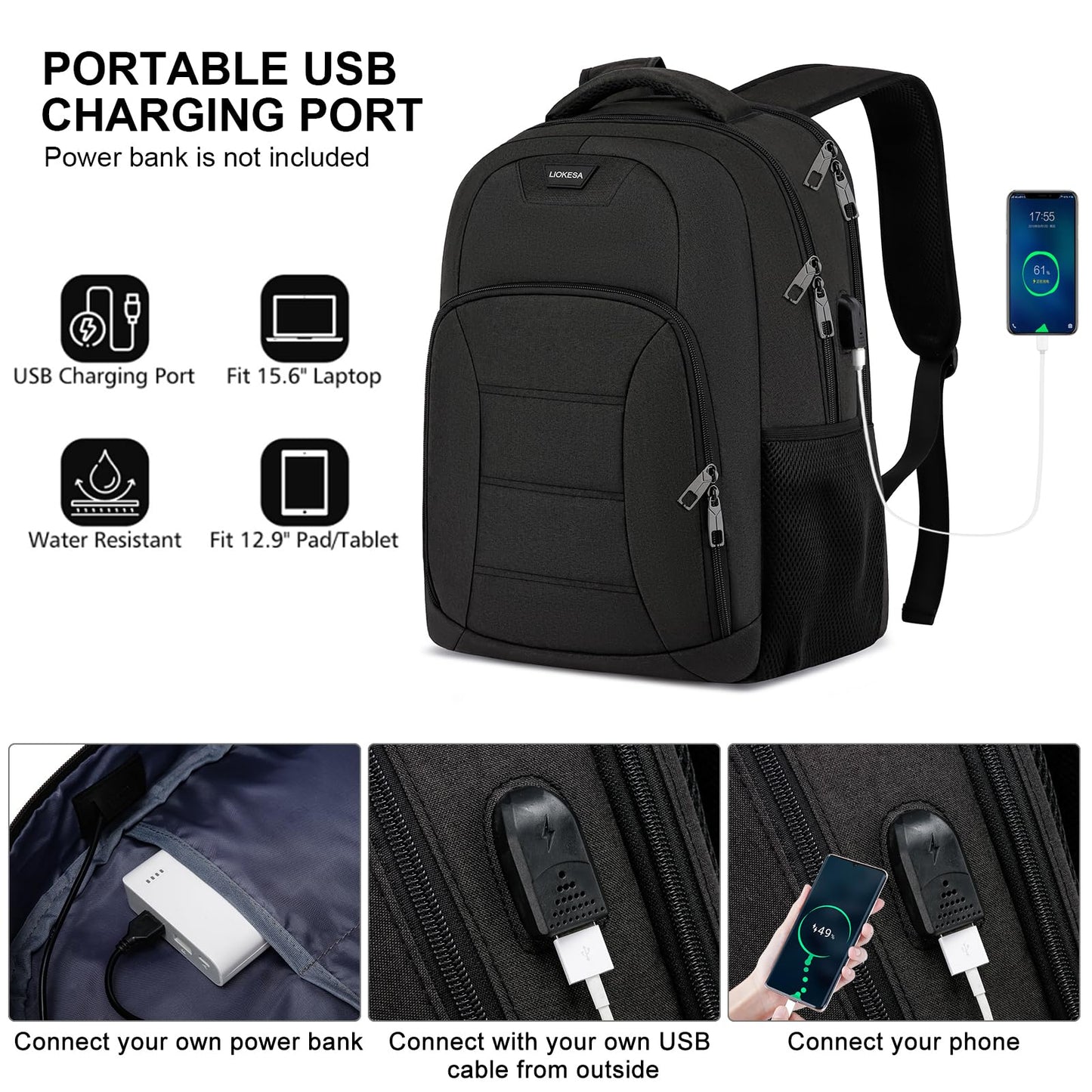 Liokesa Laptop Backpack for Men Women, School Backpacks for Teen Boys Girls, Black Backpack with USB Charging Port, 15.6 Inch Water Resistant College Bookbag Daypack