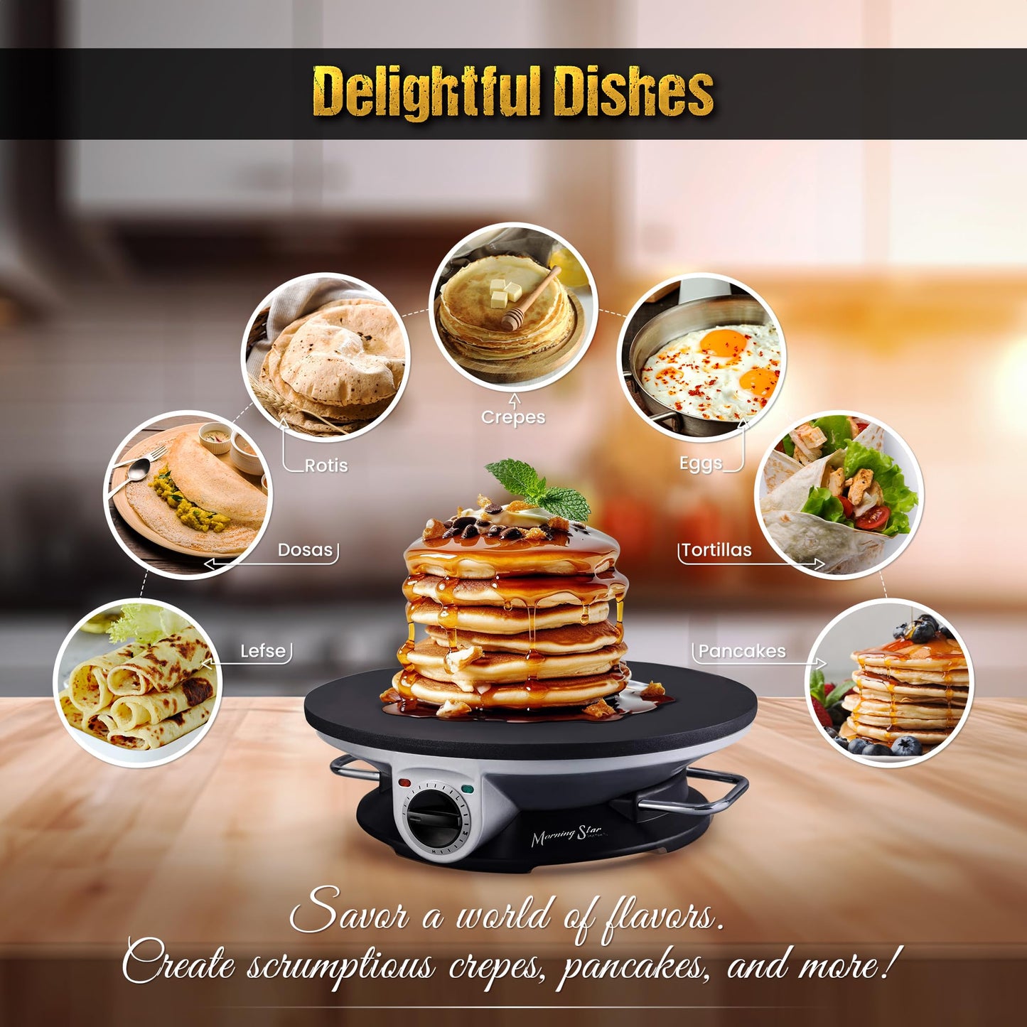 Morning Star 13" Electric Crepe Maker - Easy usage with Temperature Knob, Portable, Non Stick - Perfect for Gifting, Pancake, Quesadilla, Roti, Omelette(Standard) (Standard) (Pancake Maker)