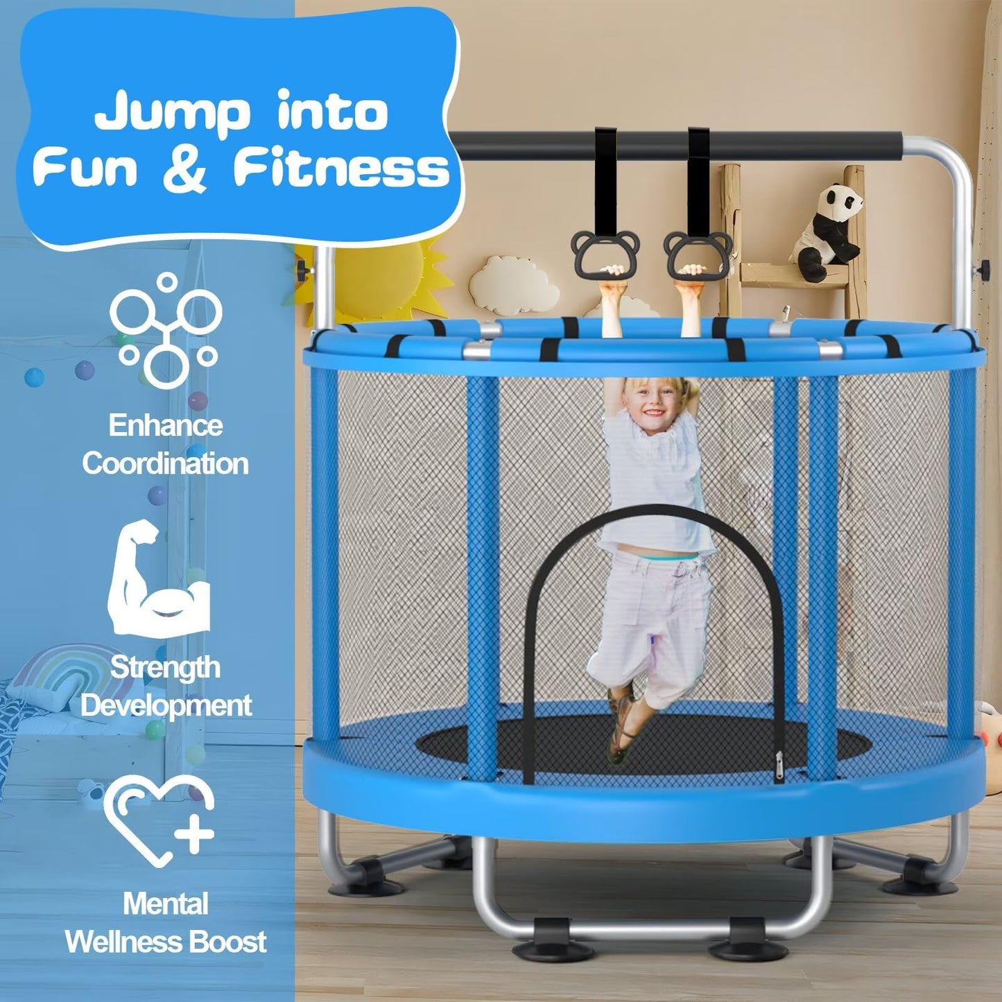 Kids 55" Trampoline with Enclosure & Gym Bar