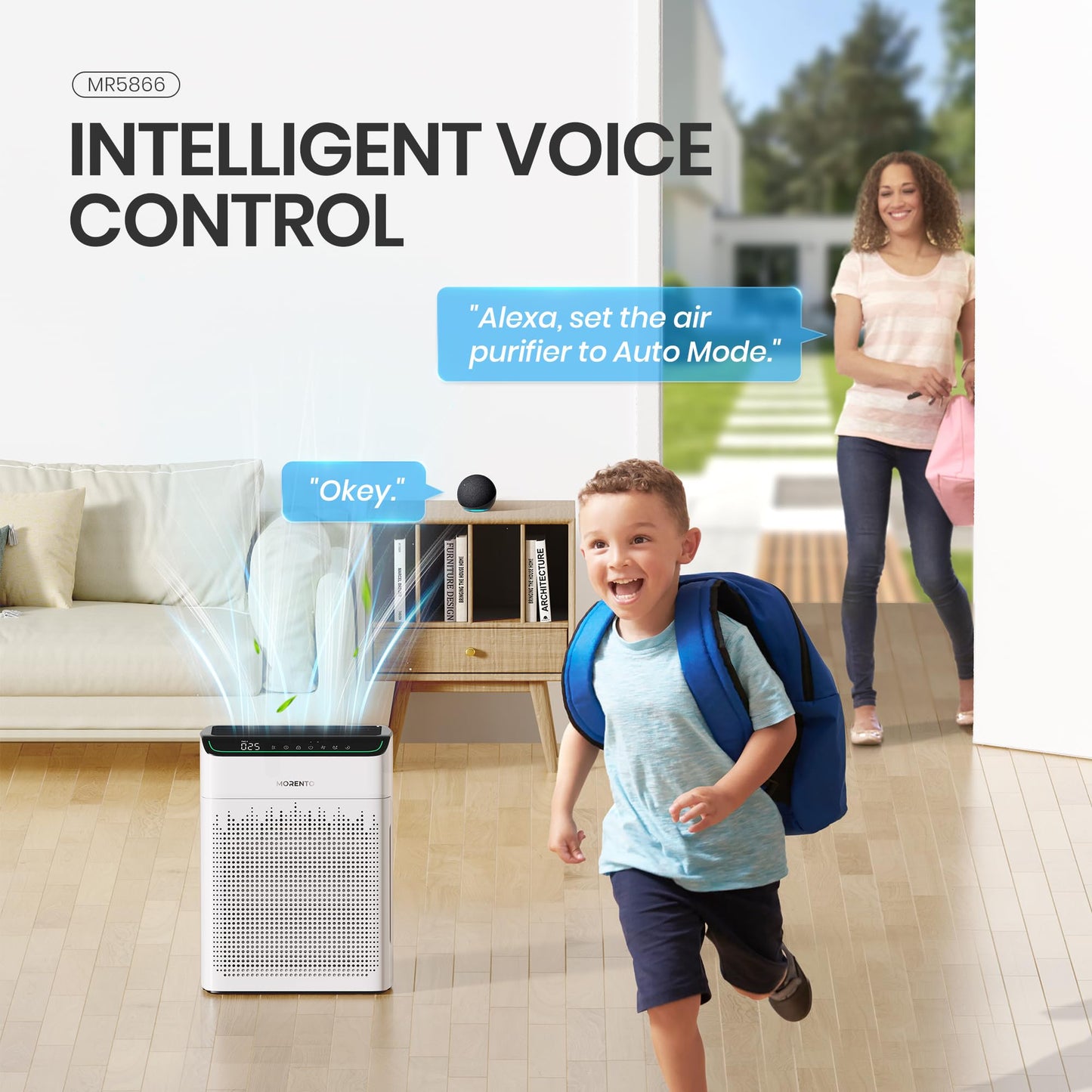 MORENTO Air Purifiers for Home Large Room Up to 1290 ft² with PM 2.5 Air Quality Monitor, Wi-Fi and Alexa compatible, HEPA Auto Mode Double-sided Air Inlet for Smoke and Odor, 23db, MR5866, White