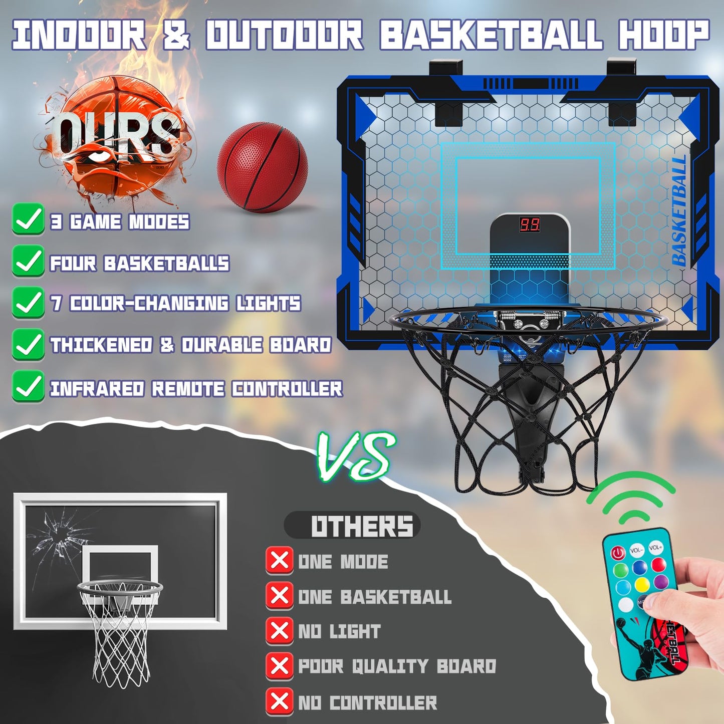Indoor Basketball Hoop with LED Light and Scoreboard