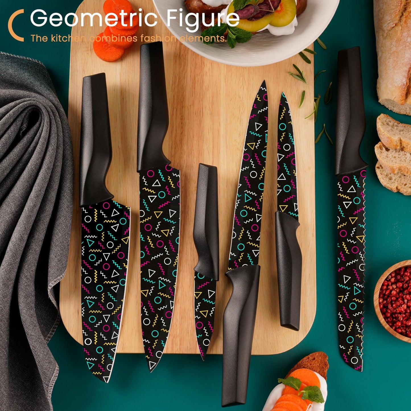Astercook Knife Set, 12 Pcs Geometric Figure Kitchen Knife Set, 6 Anti-Rust Coating Stainless Steel Kitchen Knives with 6 Blade Guards, Dishwasher Safe